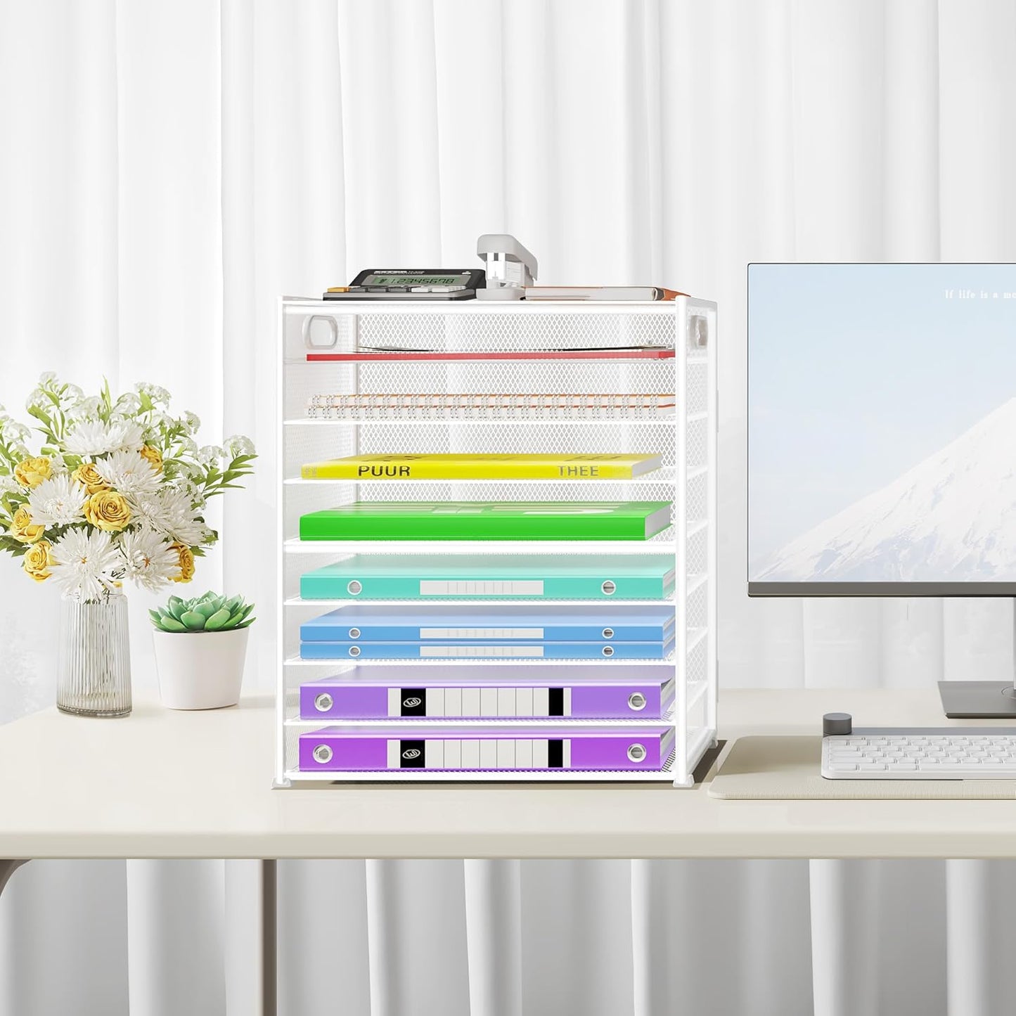 9 Tier Paper Organizer with Handle, Large Capacity Desk Organizer Mesh Paper Letter Tray File Folder Document Sorter for Classroom and Office Accessories Organization- White (2 Pack)