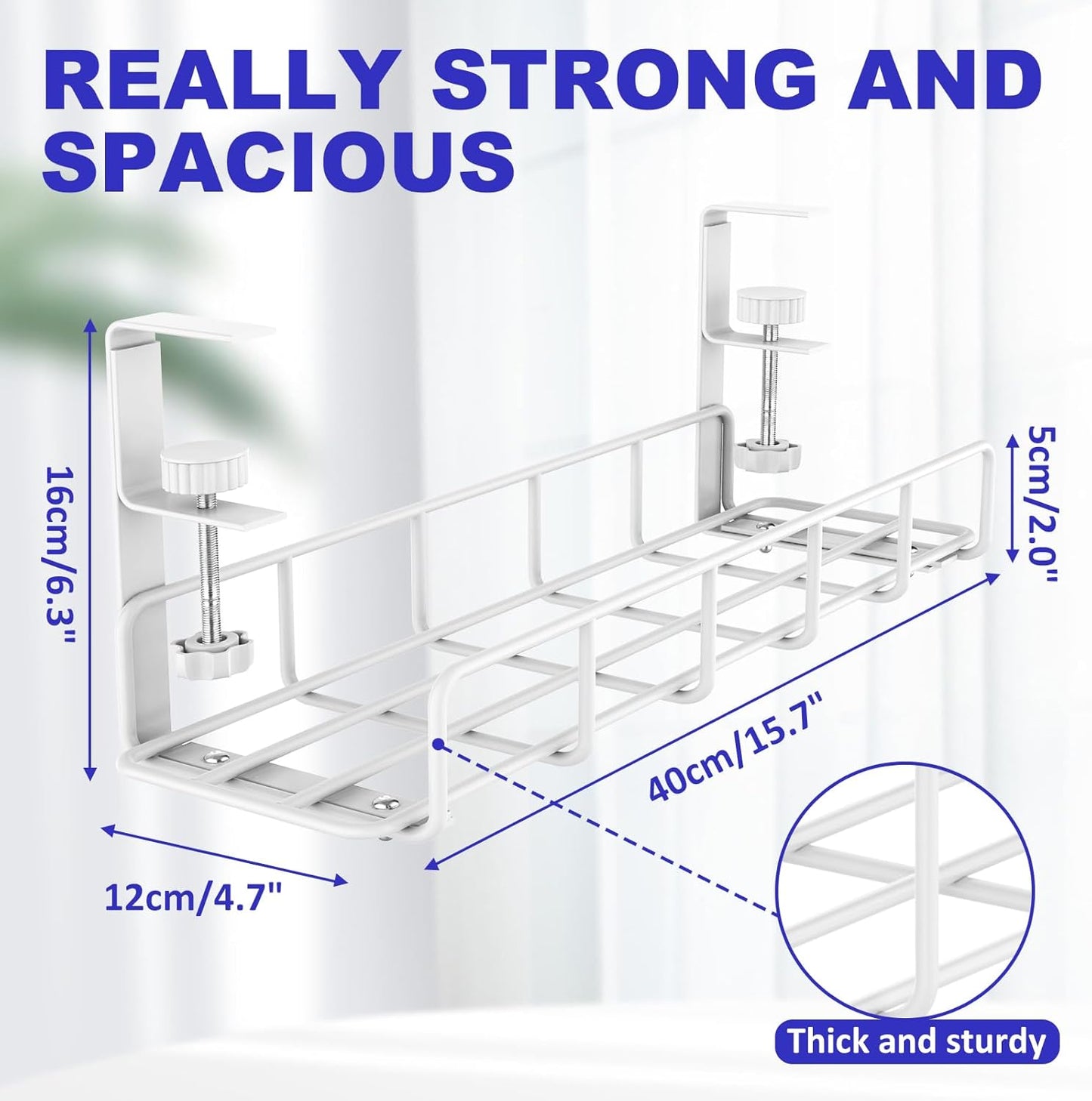 Under Desk Cable Management Tray, 15.7'' No Drill Steel Cable Tray Organizers, Wire Management Tray Cable Rack with Clamp Mount, Metal Under Desk Tray with Wire and Cord Organizer White(1pack