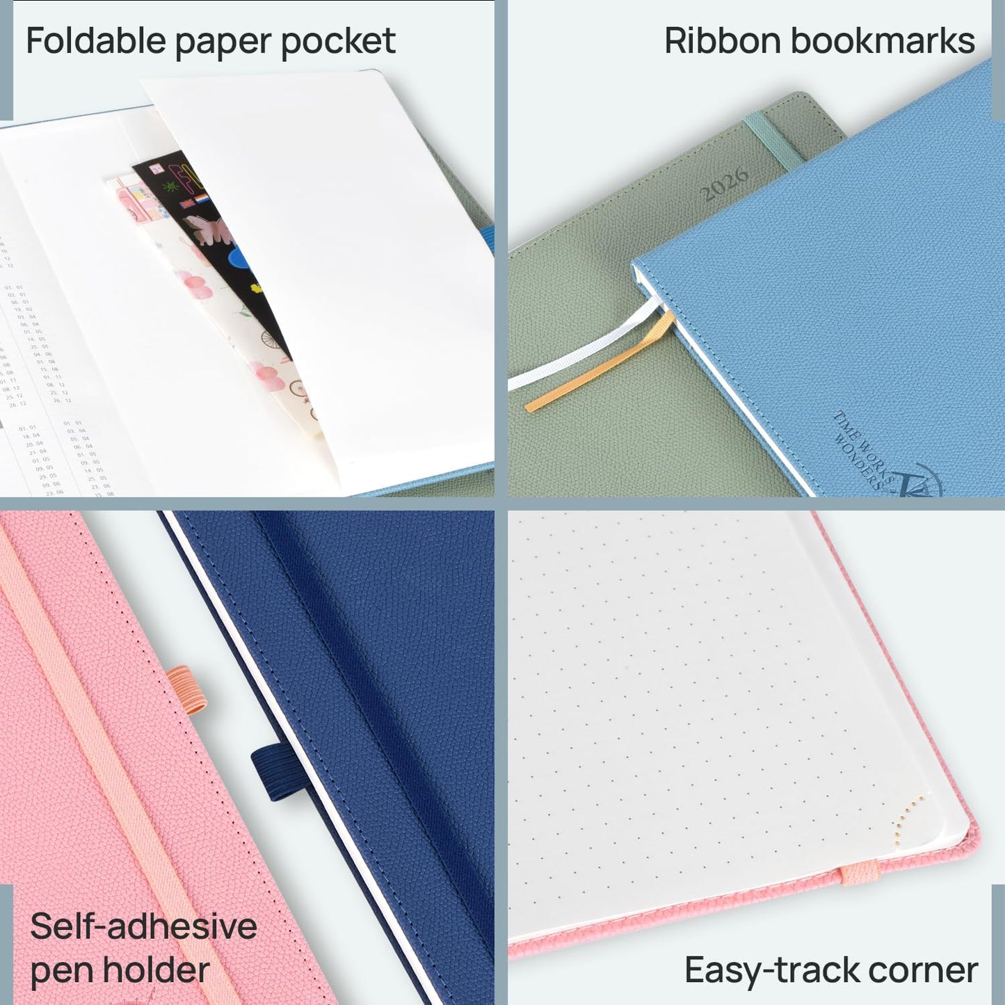 POPRUN Weekly Planner 2026 Calendar (Pocket 4'' x 6.25'') 12 Months Notebook with Horizontal Layout, Leather Hardcover, Inner Pocket, 100GSM Thick Paper, Pen Holder TJ - Pacific Green