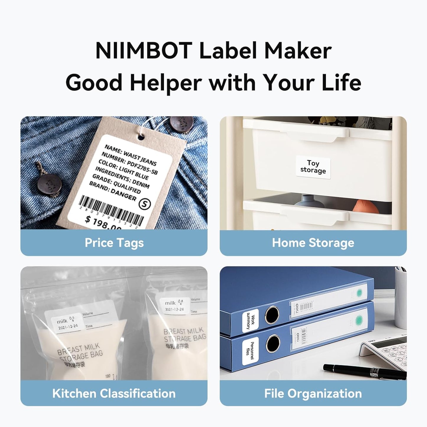 NIIMBOT B1 Label Maker Machine with Tape, 2 Inch Portable Sticker Printer for Home School & Small Business, Compatible with Phones & PC, Blue White