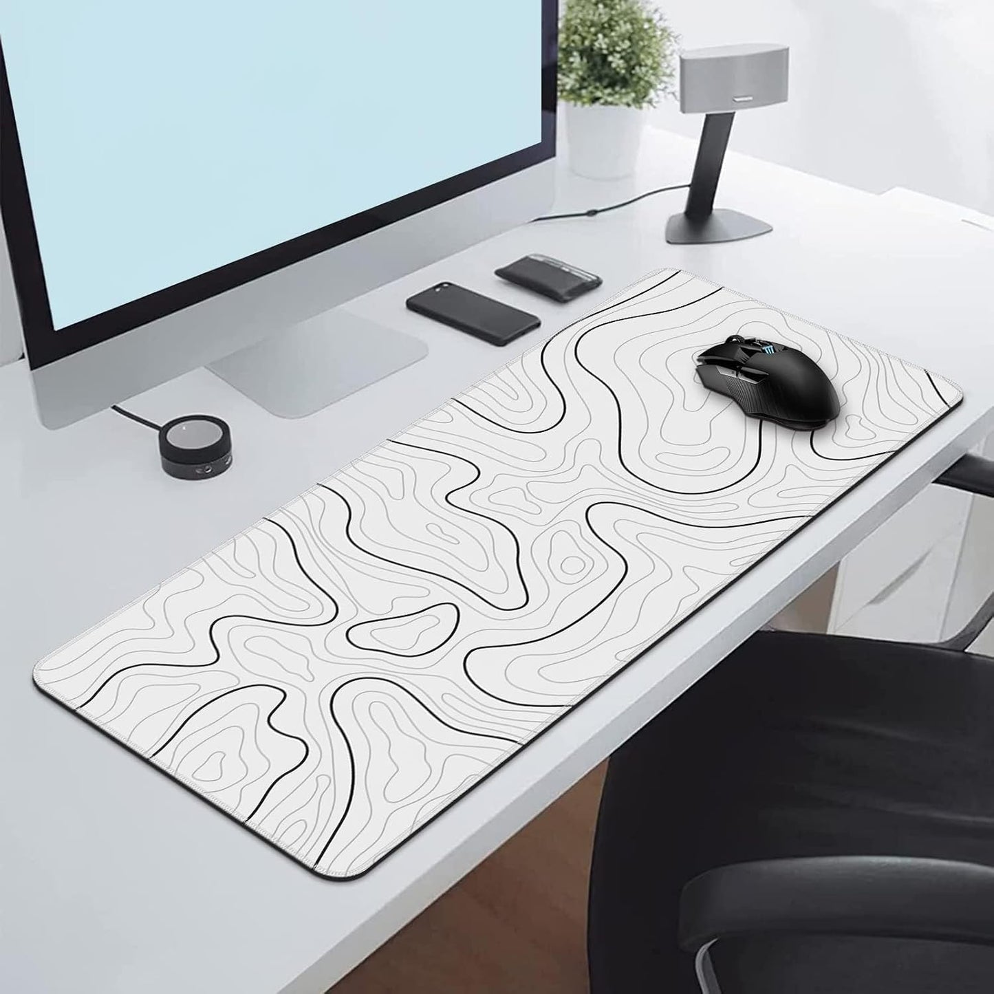 Large Gaming Mouse Pad with Stitched Edges, Anti-Slip Base, White Synthetic Cloth and Rubber Desk Pad