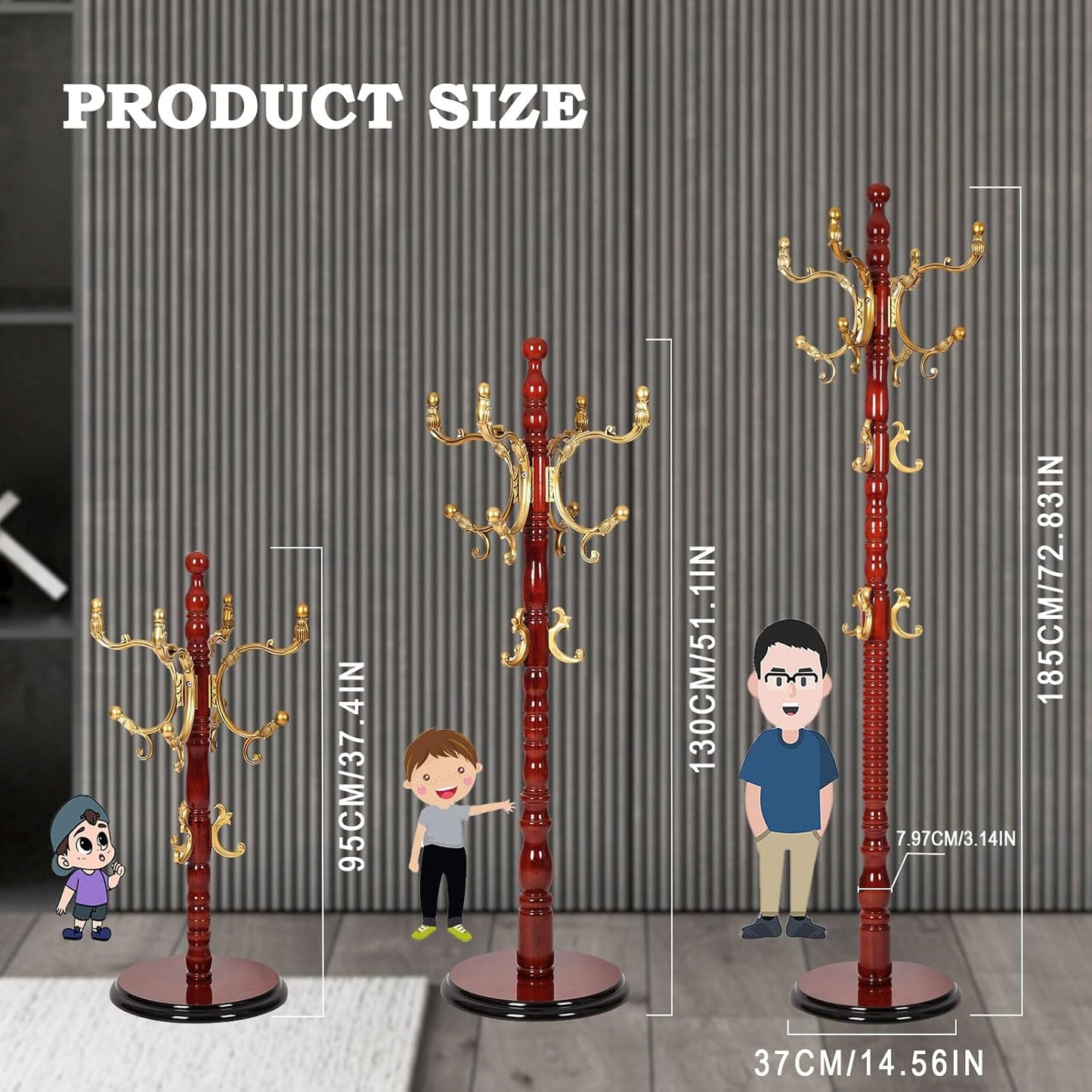 Coat Racks Free Standing with 14 Hooks, Natural Wood Coat Rack with Solid Round Base, Adjustable Height Coat Racks, Easy Assembly for Hallway, Bedroom and Office (Begonia color)