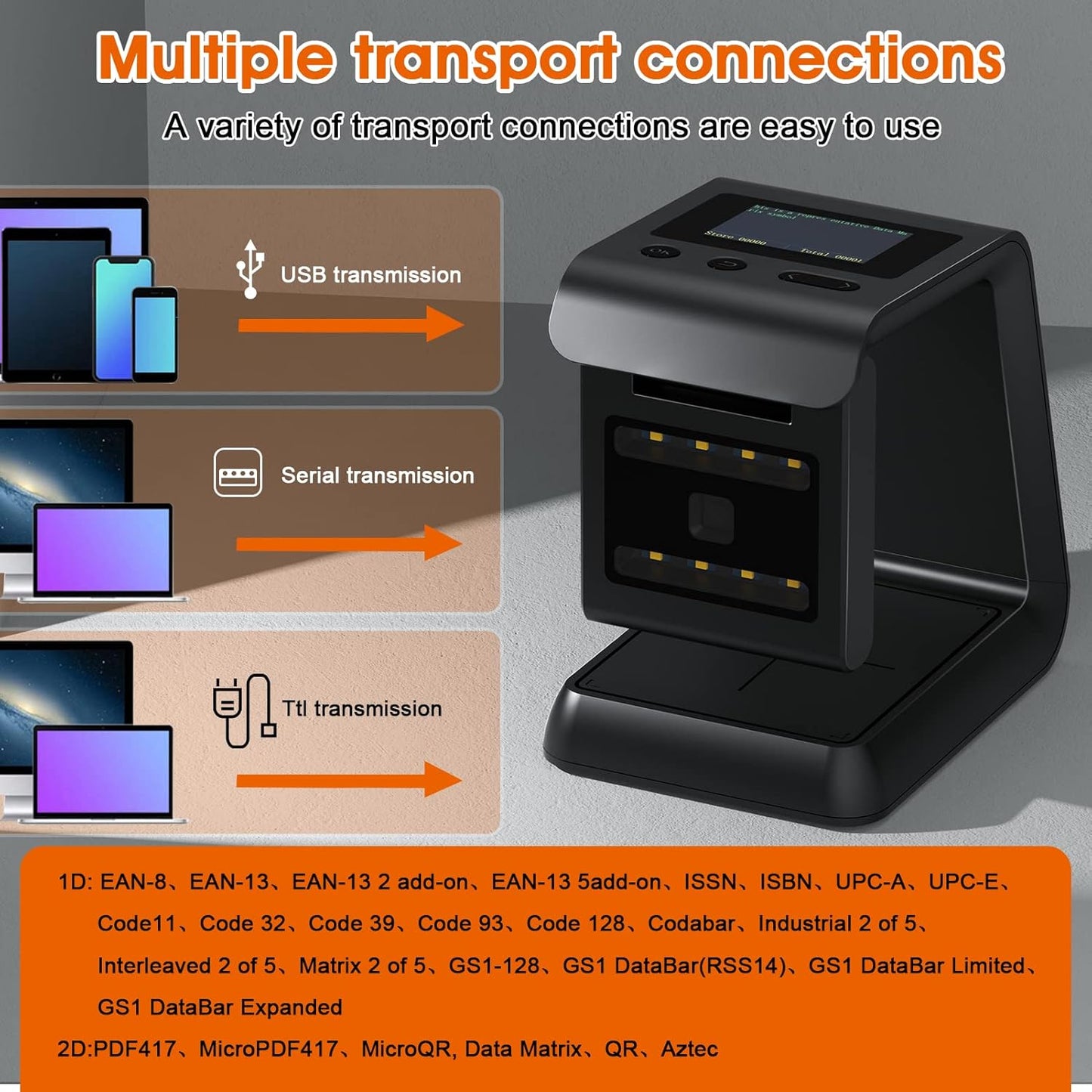 Alacrity 2D QR Wireless Barcode Scanner Hands-Free Omnidirectional Desktop Bar Code Scanner with Screen Display Compatible with Bluetooth & 2.4GHz Wireless for Airport Supermarket