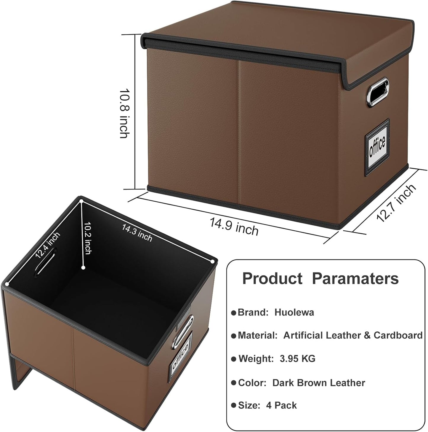 Huolewa Portable Leather File Organizer Boxes with Lids, Office Document Boxes Organizer, Filing Boxes, Decorative Small File Boxes for Hanging Files with Plastic Slide for Office/Decor/Home