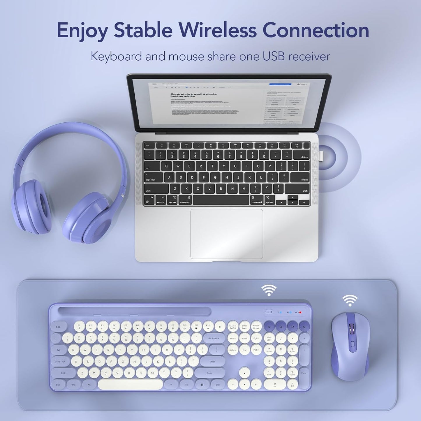 Wireless Keyboard and Mouse Combo, Retro Round Keycap Typewriter Keyboard with Phone/Tablet Holder, Cute Colorful Keyboard for Computer/Laptop/Windows by SABLUTE (Purple)