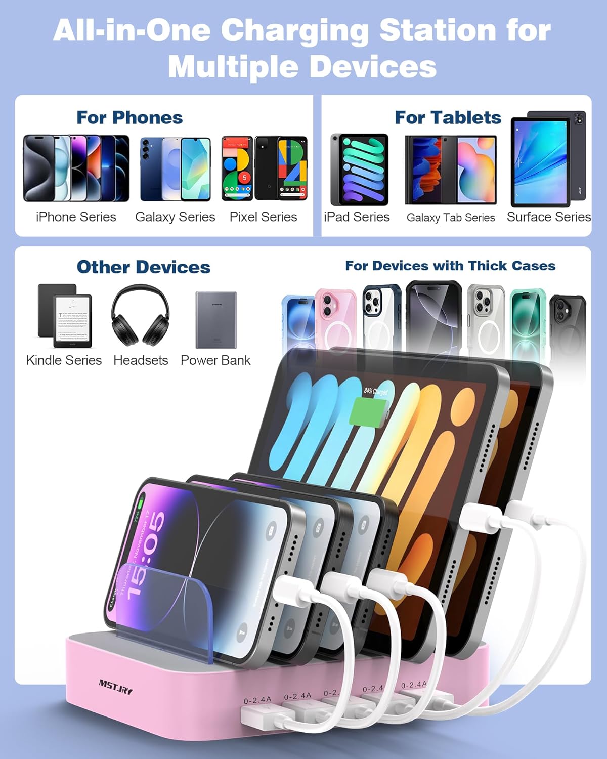MSTJRY Charging Station for Multiple Devices : 5 Port Multi USB-A Charger Stations Multi-Device Organizer Charging Dock Designed for iPhone iPad Cell Phone Tablets (7 Short Cables Included), Pink