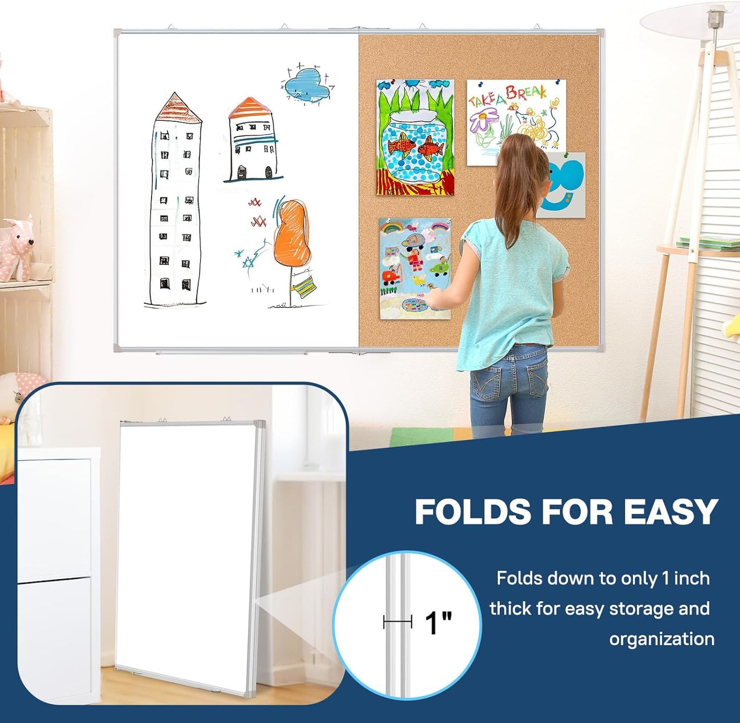 Large White Board Dry Erase Foldable Cork Board Combo, 48" x 36" Double Sided Dry Erase Board for Wall, Magnetic Whiteboard Cork Board Combination for Office, Home, School, Kitchen