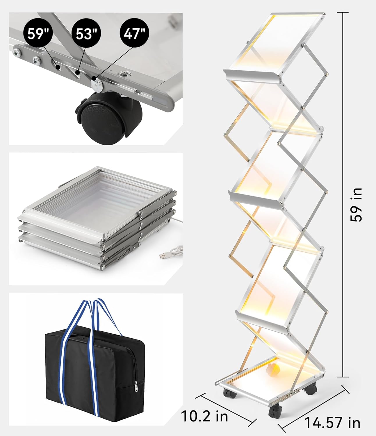 LED Magazine Rack Floor, Sleek Brochure Display with LED Message Writing Board, Mobile Magazine Holder for Trade Shows/Exhibition/Office/Restaurant/Menu Sign with Pens