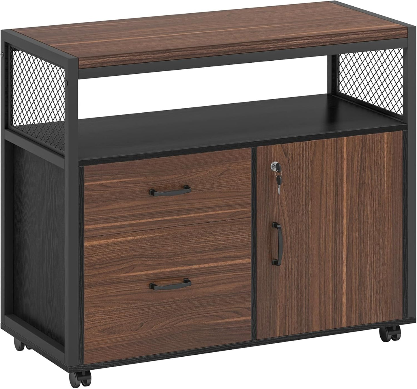 Tribesigns Modern File Cabinet with Drawers for Letter-Sized File and Door, Lockable lateral Filing Cabinet Printer Stand with Storage Shelves and with Rolling Caster for Home Office (Dark Walnut)