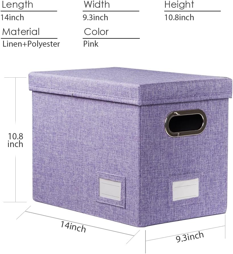 PRANDOM File Organizer Box - Set of 2 Collapsible Decorative Linen Filing Storage Hanging File Folders with Lids Office Cabinet Letter Size Purple (14x9.3x10.8 inch)