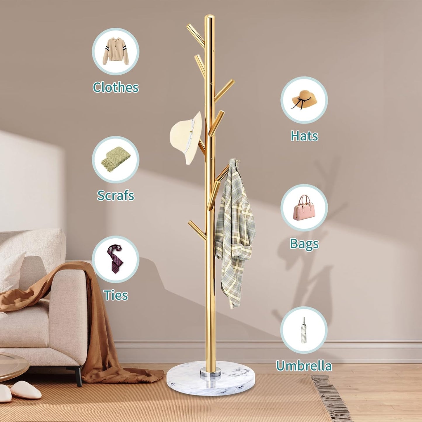 Coat Rack with Natural Marble Base, Solid Stainless Steel Coat Racks Freestanding, Coat Rack Stand with 8 Hooks, Coat Tree Hats Hanger for Entryway, Hallway (Golden)