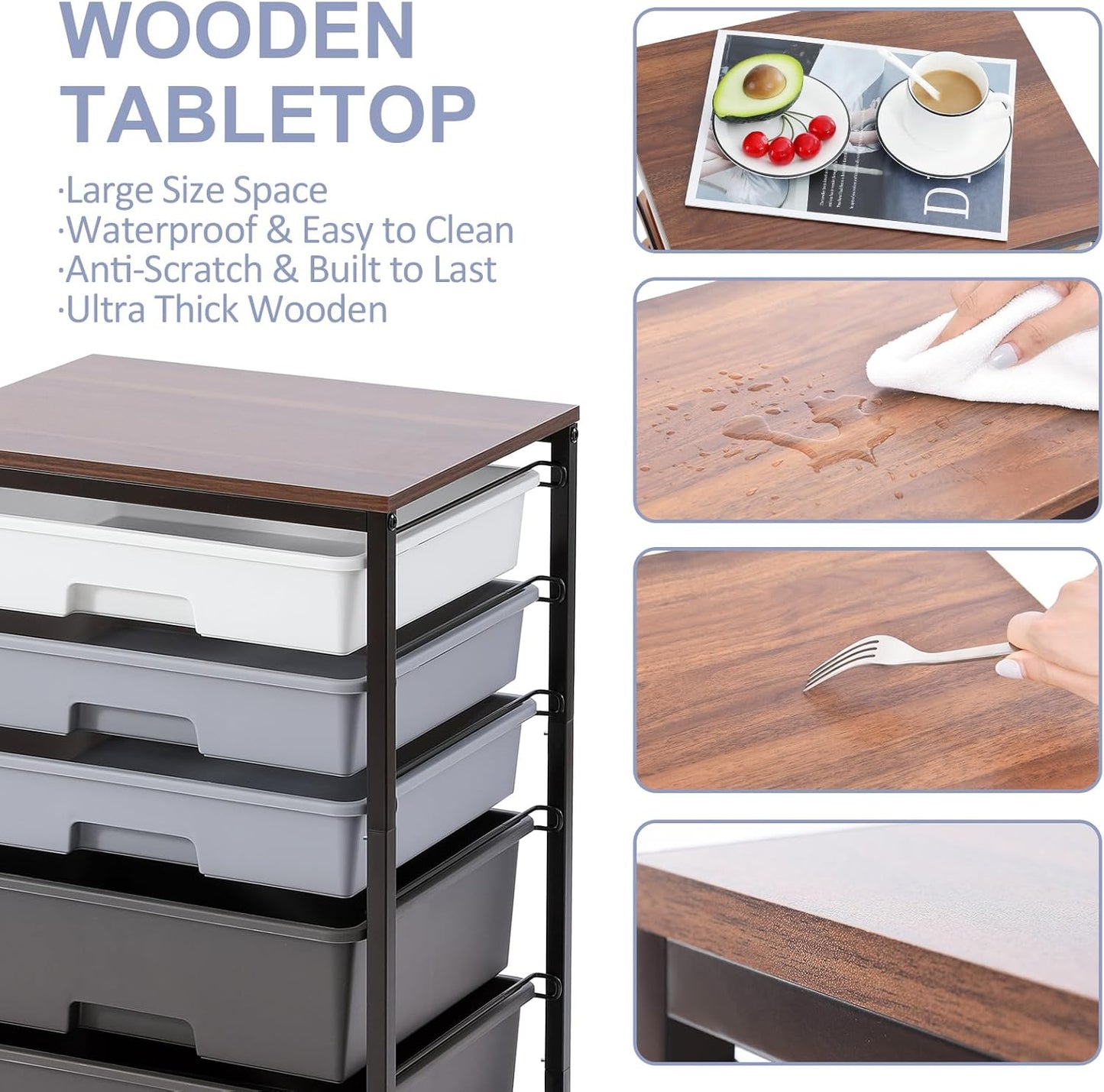 Utility Cart with 5 Drawers,Storage Drawer Cart with Wooden Tabletop and Lockable Wheels,Craft Storage Trolley Cart,5-Tier Rolling Utility Cart on Wheels,Dark Grey