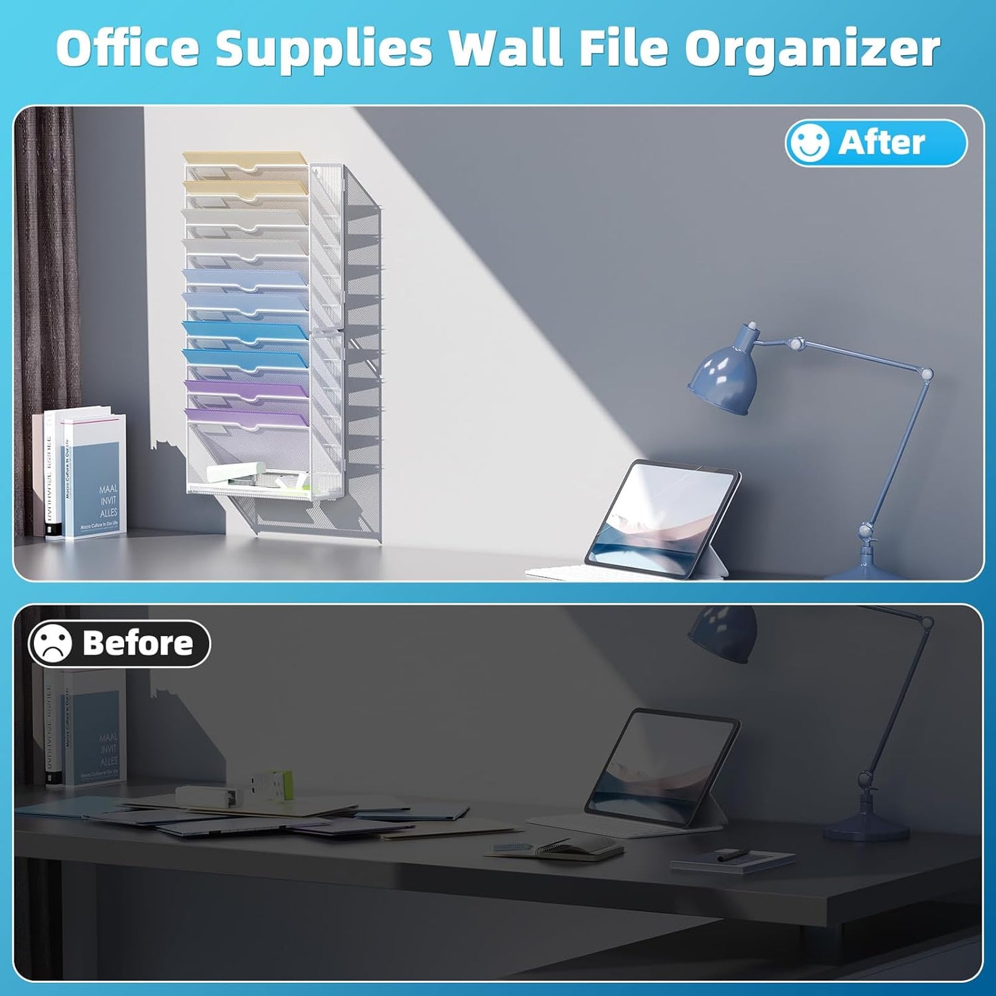 Marbrasse Wall File Holder 11-Tier Hanging Wall File Organizer, for Papers, Files Clipboard & Magazine Organizer, Wall Mount File Holder Great for Office Home (White)