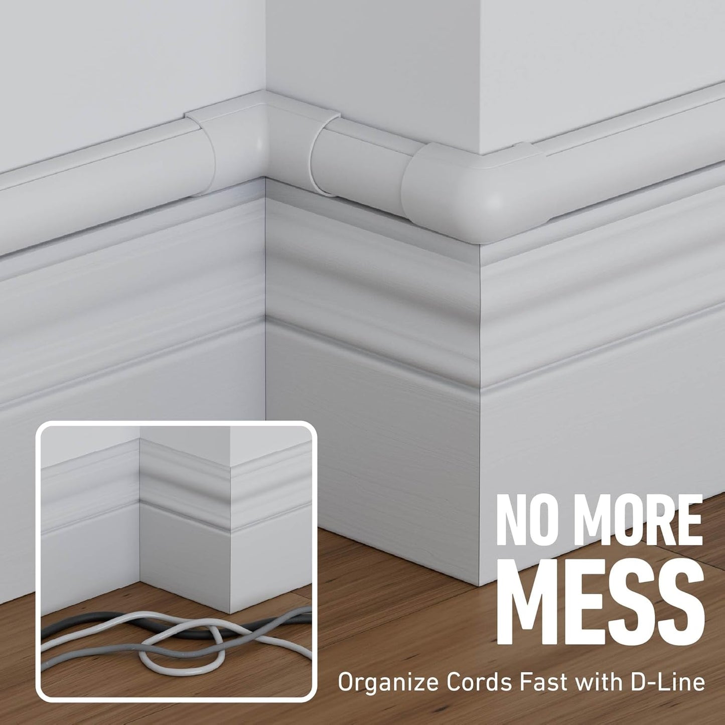 D-Line 13.12ft Cord Hider Kit, Patented Cable Cover, Hide Wires on Wall, Channel for TV Mount Cords, Raceway Wire Hiders, Paintable, Adhesive, Half Round, 4X 1.18in W x 0.59in H x 39in Lengths, White