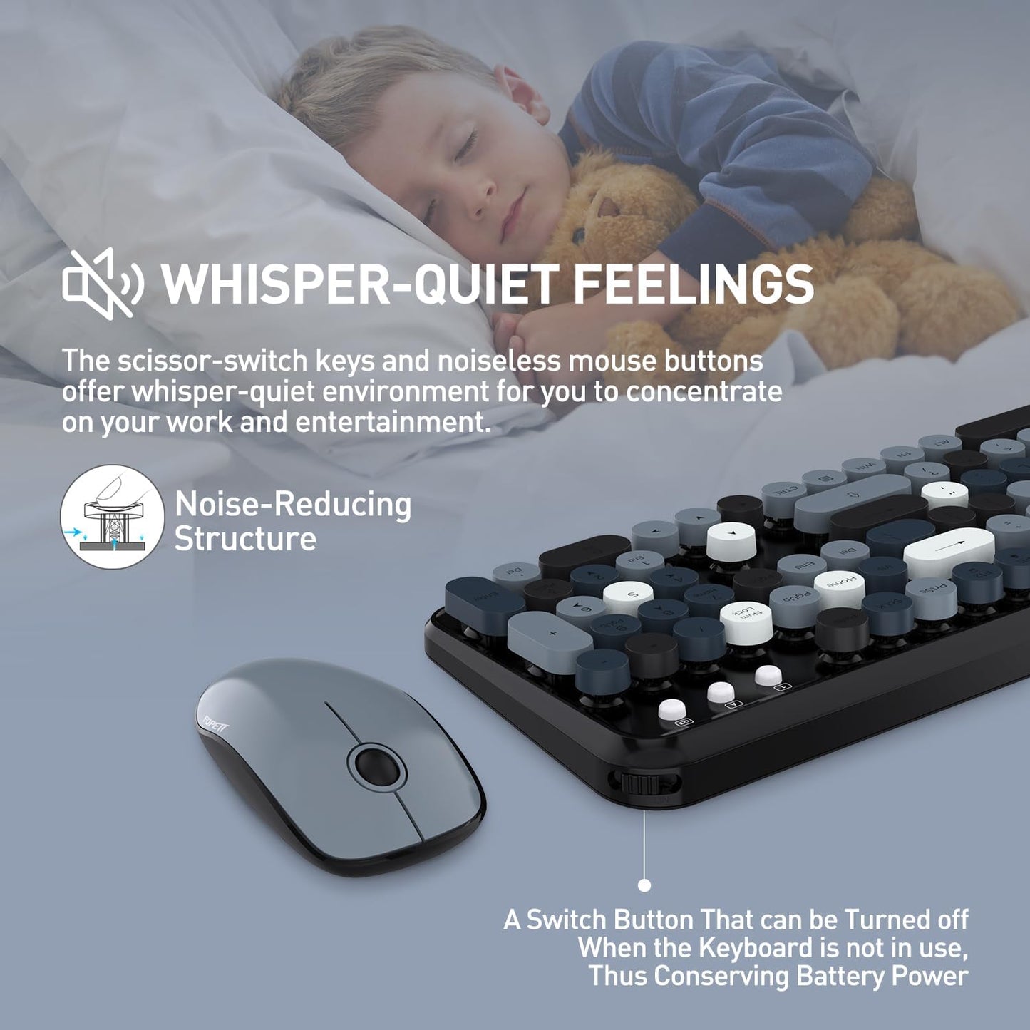 Keyboard and Mouse Wireless,Cute Retro Wireless Keyboard Mouse Combo with Round Key,2.4Ghz Dropout-Free Connection,Typewriter Keyboard Mouse Set for PC Laptop Desktop Computer-Grey Colorful