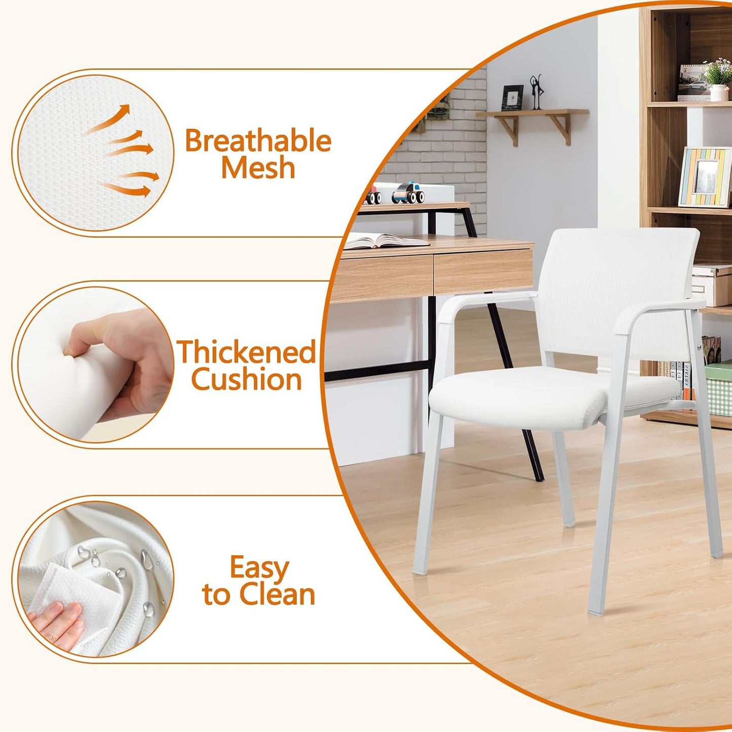 CLATINA Stacking Office Chairs | Mesh Back, Thicken Leather Seat and Arms, Ergonomic Lumbar Support | Guest Reception, Waiting, Conference, School, Party, Customer, Side, Stationary | Set of 4, White