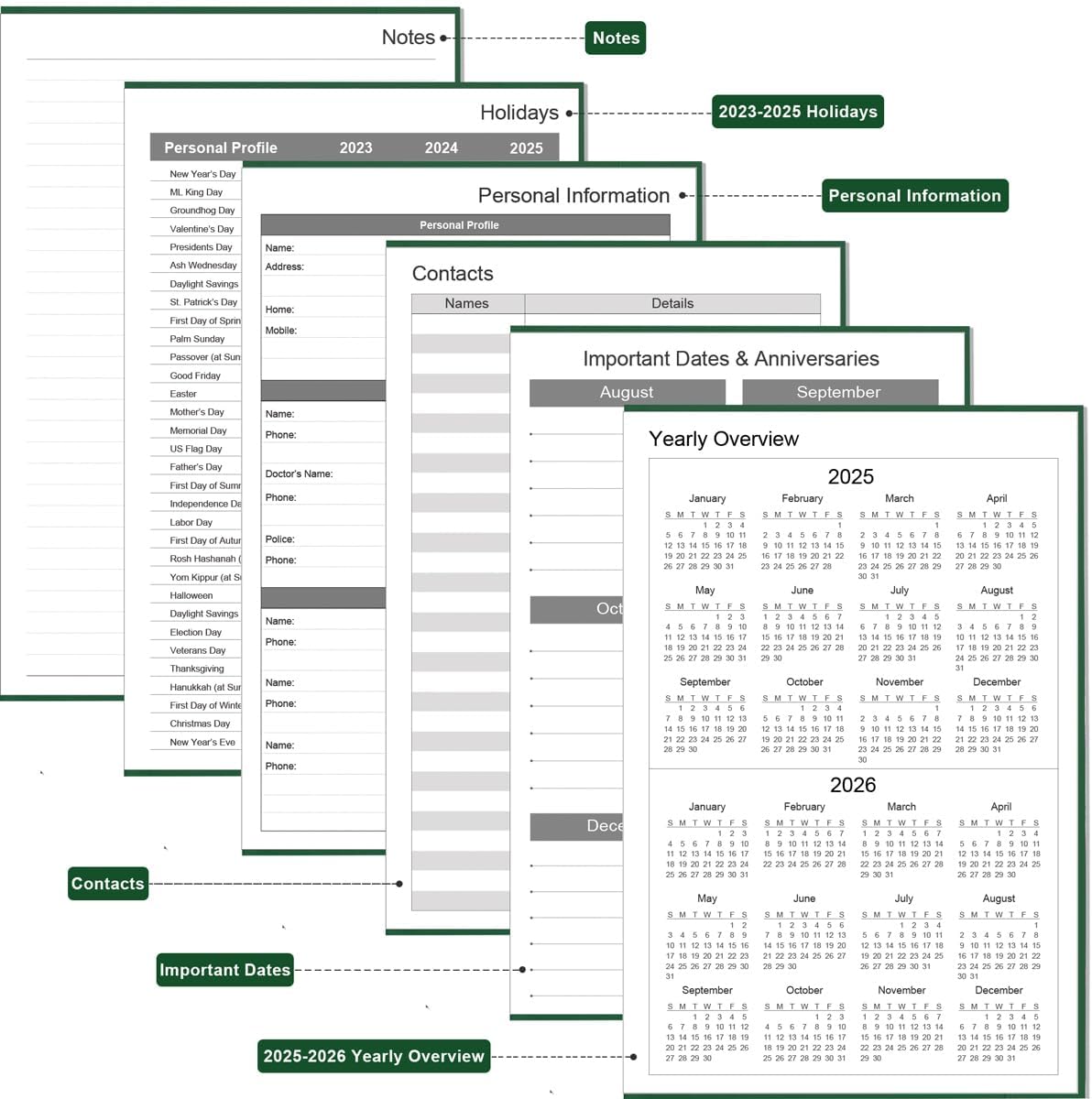 Daily & Monthly Planner for 2025 2026 or Anytime - ADHD Planner Two Pages Per Day, Daily Planner Undated to Increase Focus, Eliminate Overwhelm, Achieve Your Biggest Goals, 5.8'' × 8.3'', Green