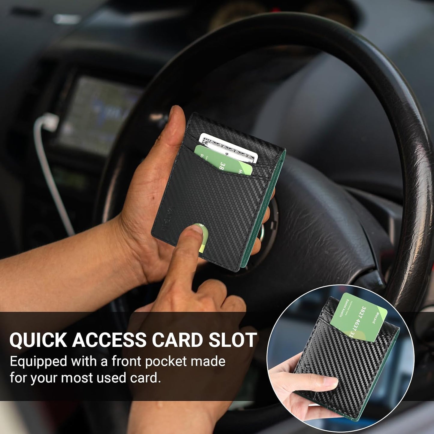 VATAN Wallet for Men, Mens Minimalist Wallet Credit Card Holder, Slim Leather Rfid 2 ID Window Large Capacity With Gift Box (Carbon black and Green)