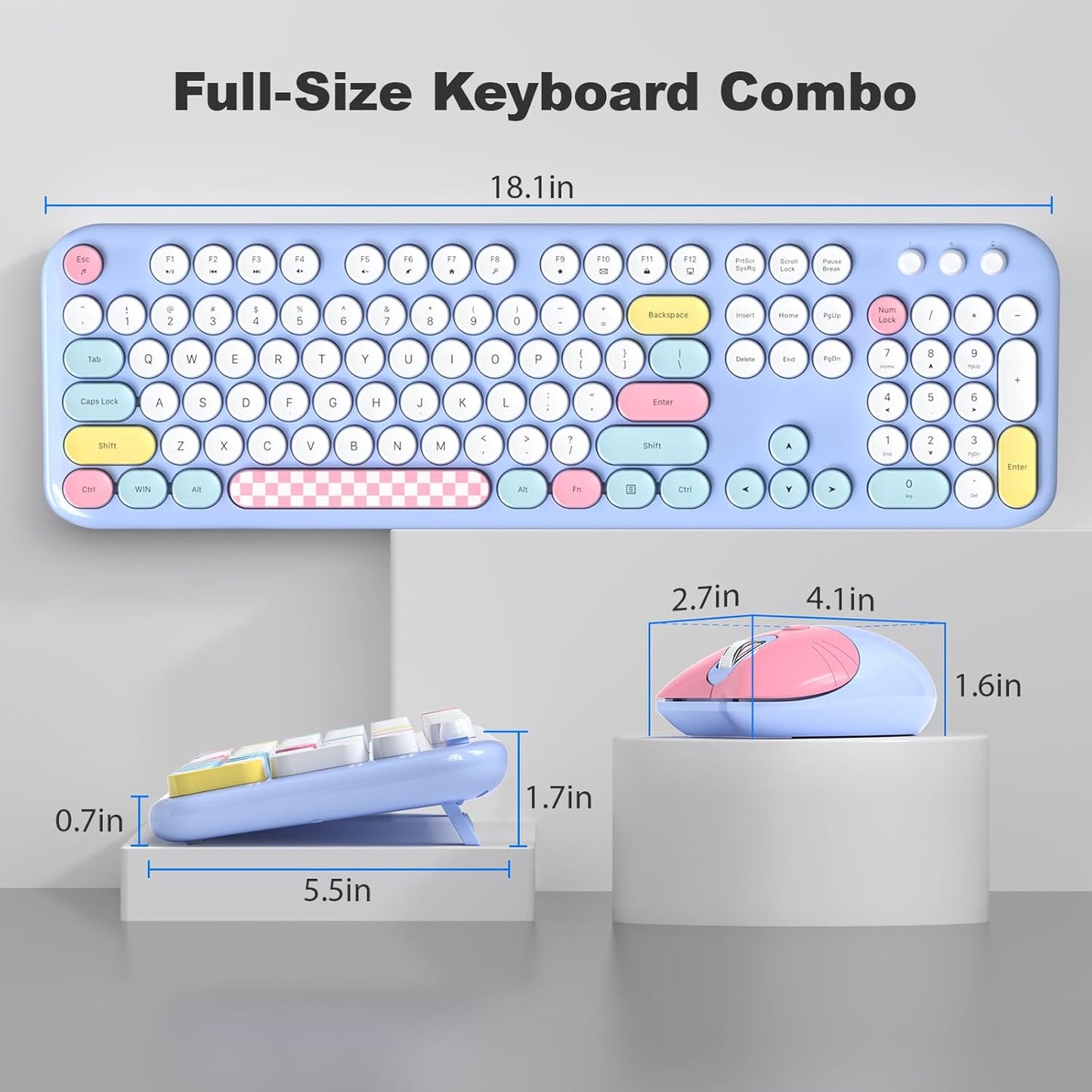 Wireless Keyboard and Mouse Combo for Windows, MOWUX 2.4G Full-Sized External Cordless Computer Keyboard, Compact Mouse, 8 Multimedia and Shortcut Keys, for PC, Laptop - Light Blue Colorful