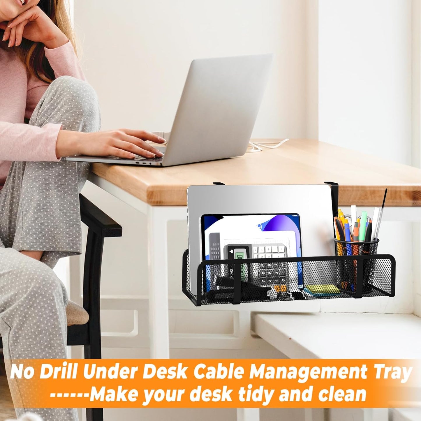 Under-Desk Cable Organizer Tray - Wire Management Box with Cord Organizer and Raceways for Office & Home - No Desk Damage, No Drill