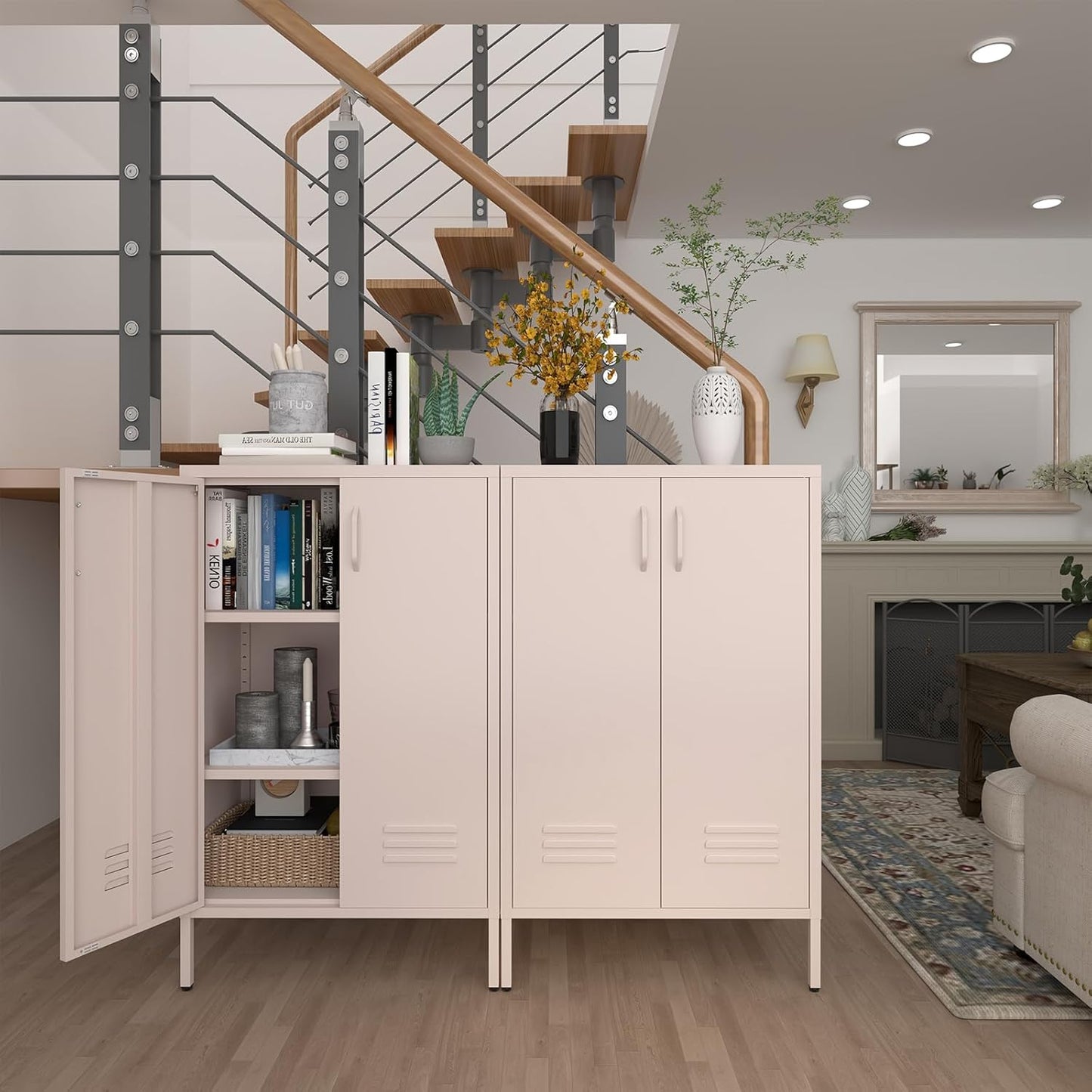 Storage Cabinet,2 Doors Locker Cabinet with Legs,Entryway Cabinet with Adjustable Shelves,Metal Locker Storage Cabinets for Office,Classroom,Bedroom,Pink