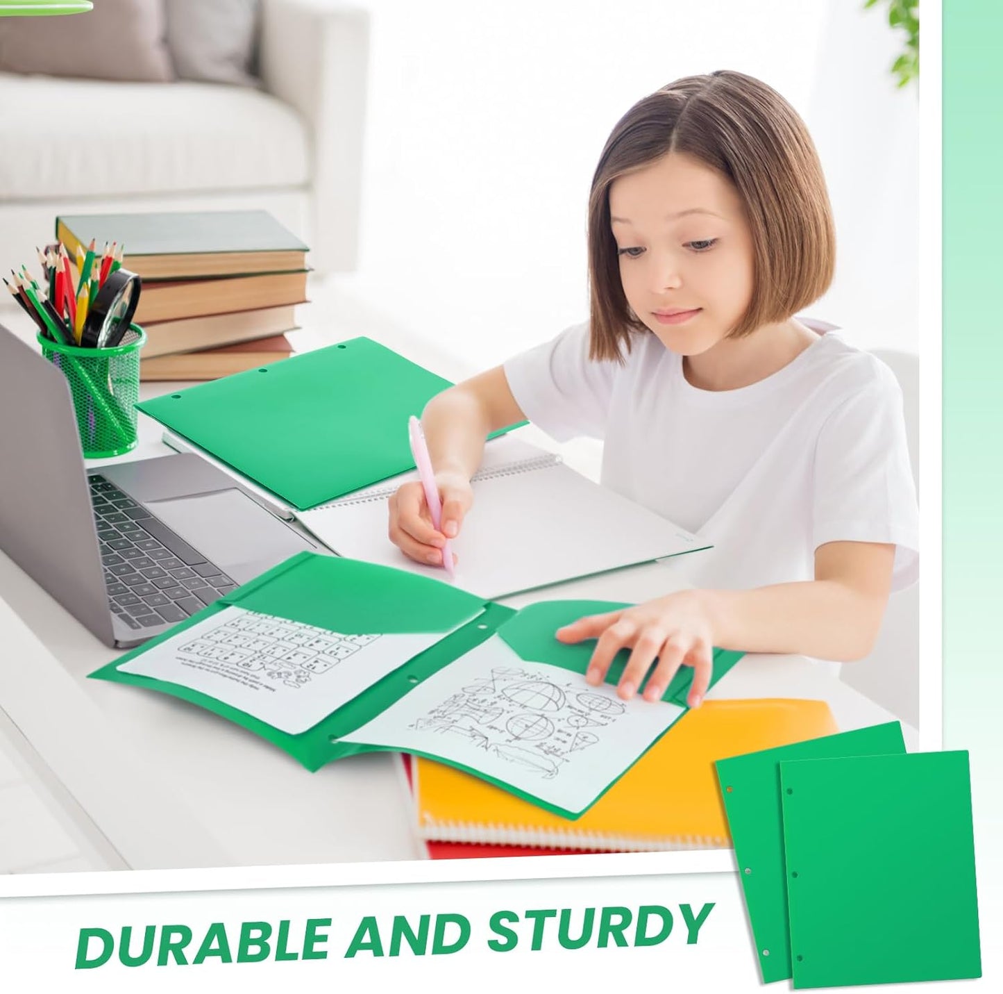 Yeaqee 100 Pcs Plastic Folders with Pockets Bulk 3 Hole Punched 2 Pocket File Folders for 3 Ring Binder Divider Folder for Notebooks, Durable Poly for Office Home (Green)