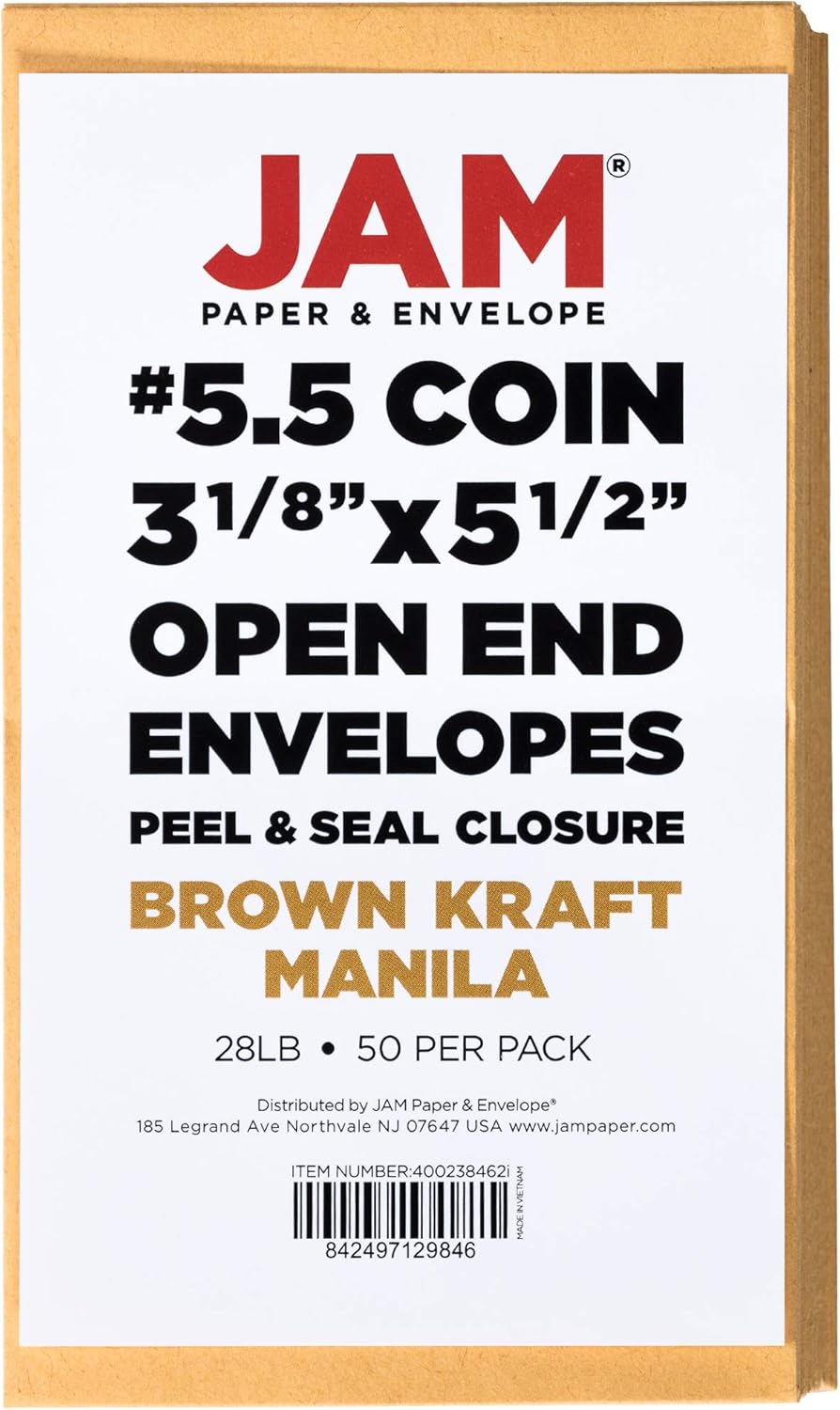 JAM PAPER #5.5 Coin Business Envelopes with Peel and Seal Closure - 3 1/8 x 5 1/2 - Brown Kraft Manila - 50/Pack