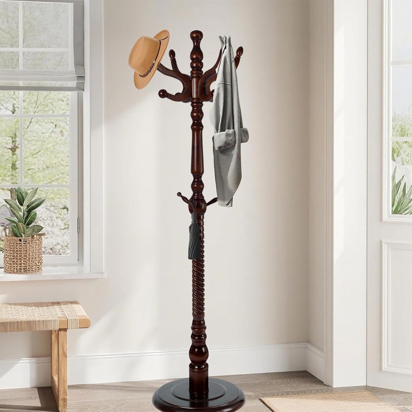 Wooden Coat Rack Freestanding with Resin Hooks, Adjustable Heavy Duty Stand for Hanging Coats, Bags, Hats, and Umbrellas in Living Room, Bedroom, Entryway (Antique color)