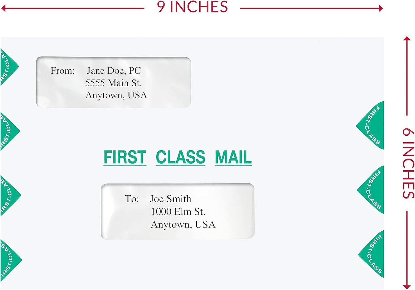First Class Double Window Envelope | Tax Mailer, Landscape, White/Green, Self-Seal, 6" x 9", Pack of 50