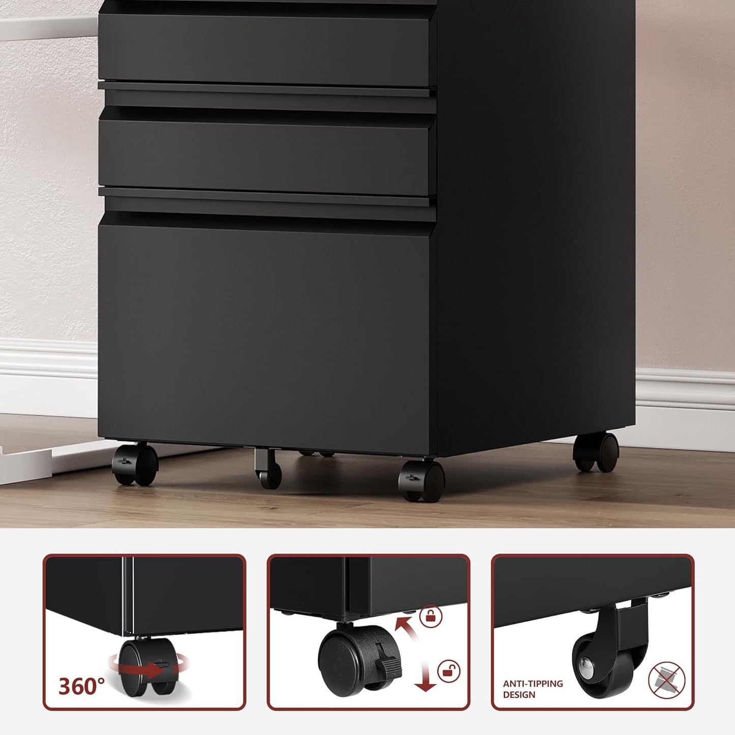 3 Drawer File Cabinet,Mobile Filing Cabinet with Lock and Wheels,Fully Assembled Metal Under Desk File Cabinets for A4/Letter/Legal Size(Black