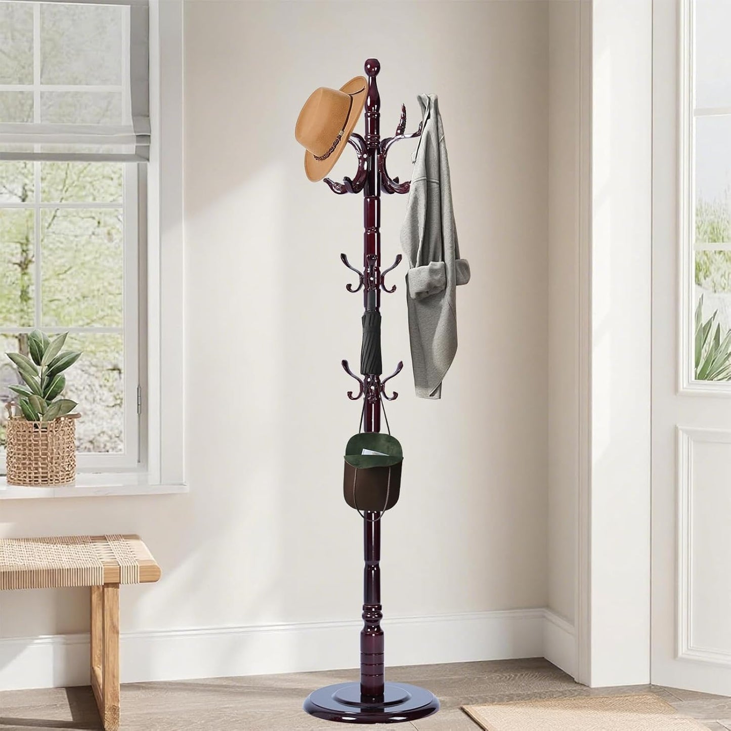 Wooden Coat Rack Freestanding with Resin Hooks, Adjustable Heavy Duty Stand for Hanging Coats, Bags, Hats, and Umbrellas in Living Room, Bedroom, Entryway (Rosewood-Phoenix Hook)