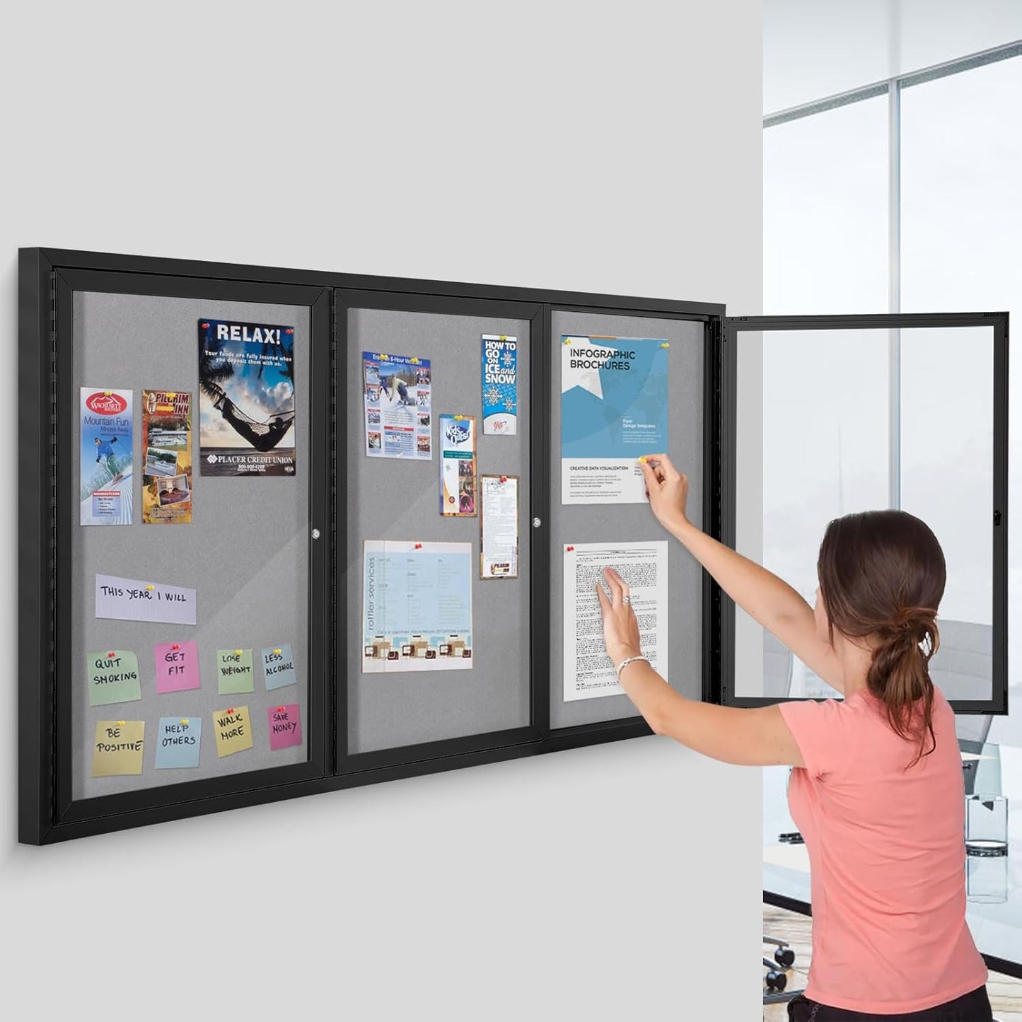 SWANCROWN Outdoor Bulletin Board 70x36in, Enclosed Bulletin Board with Locking Door for Office School Commerce, Grey Felt, Black Aluminum Frame