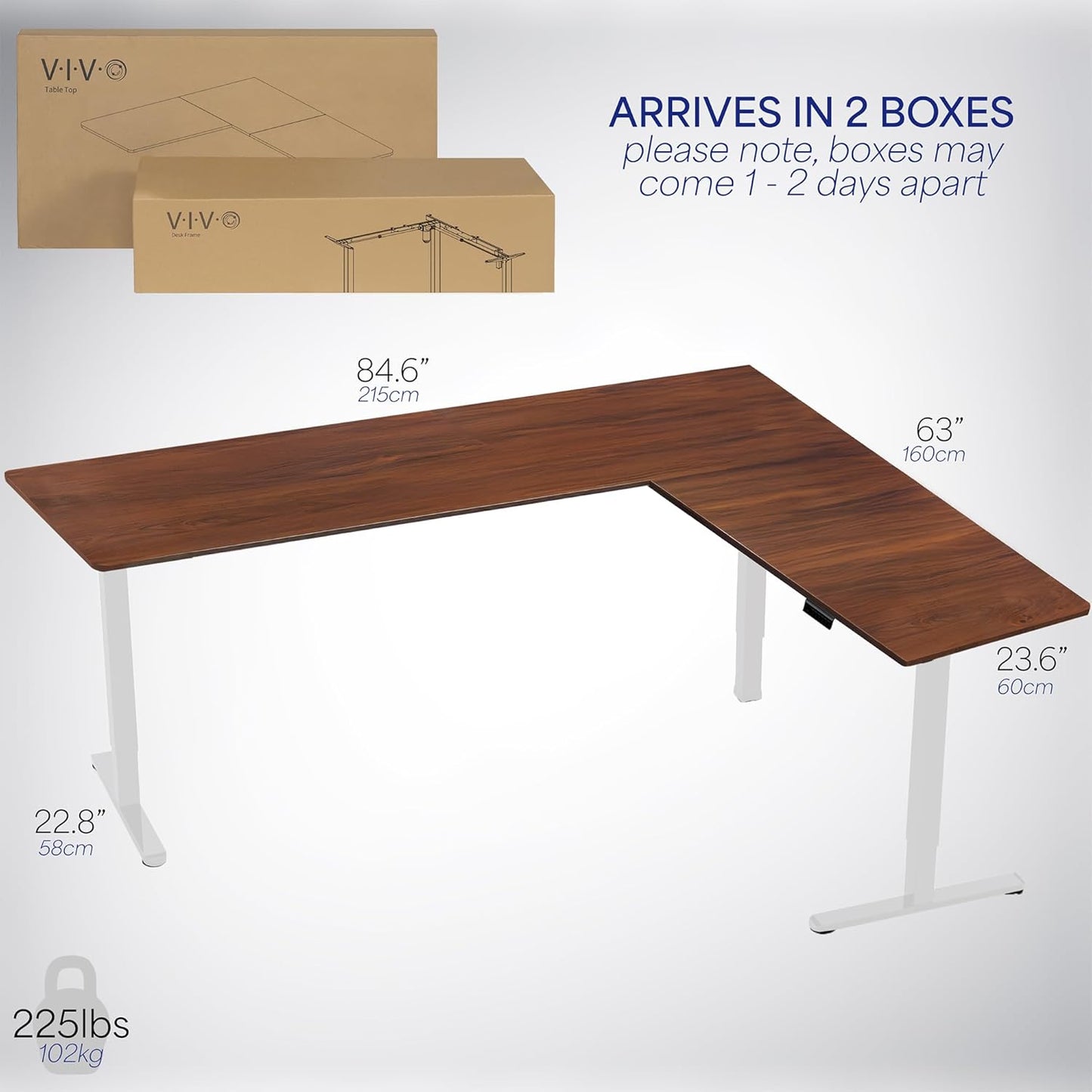VIVO Electric Corner L-Shaped 84 x 63 in Standing Desk, Memory Height Adjustment, Dark Walnut Top White Frame, DESK-E3CTWD-84