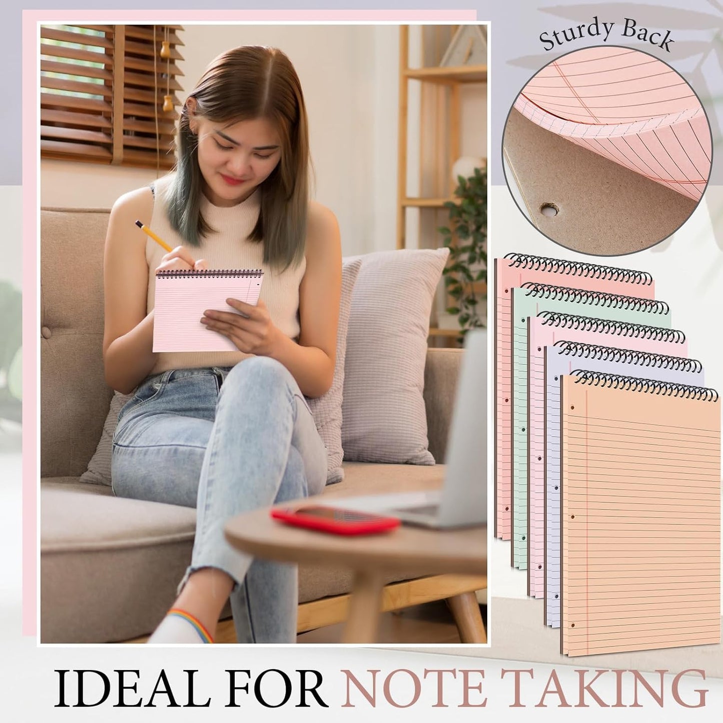 10 Packs 8.5" x 11" Top Spiral Notebook with 3 Hole Punched Legal Pads College Ruled Notepad 50 Sheets Hard Cardboard Paper Wirebound Notepad for Office School Business (Light Colors)