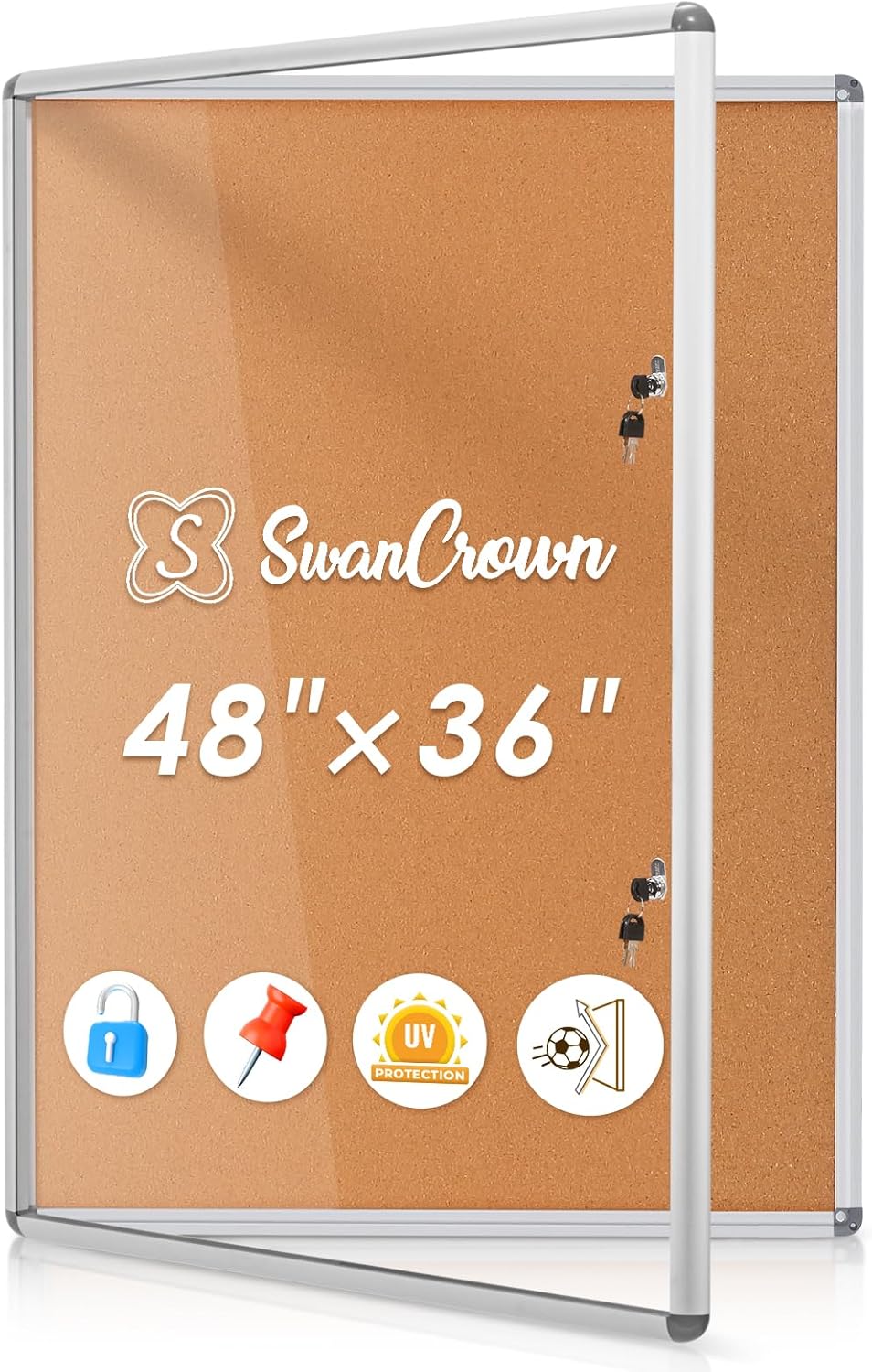 SWANCROWN Enclosed Bulletin Board 48x36 in, Tamperproof Lockable Cork Board Wall Display Case for Office School Home, Aluminum Frame