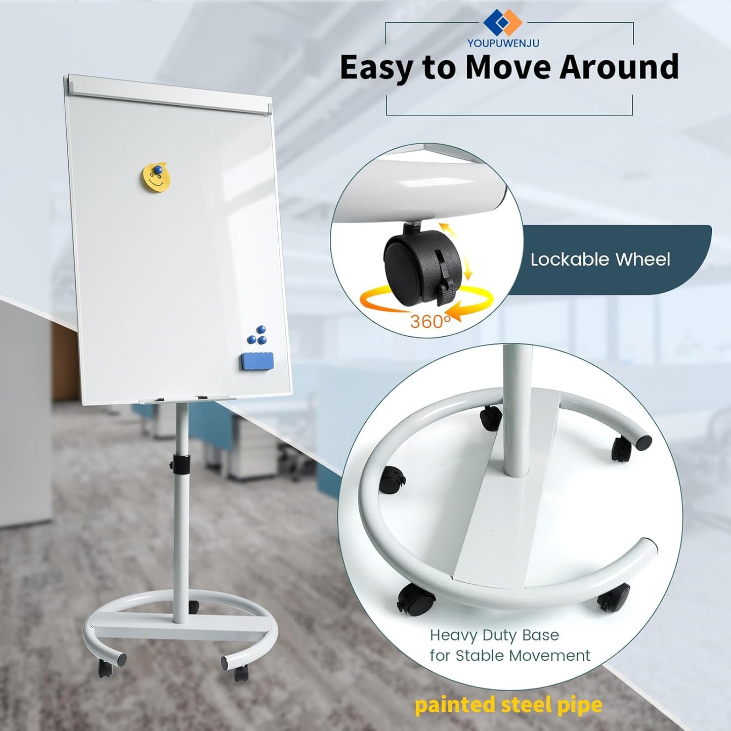 Rolling Whiteboard Magnetic Writeboard 40"x28" Flip Chart with 5 Wheels Adjustable Height Multi-Use Standing Bulletin Board (White)