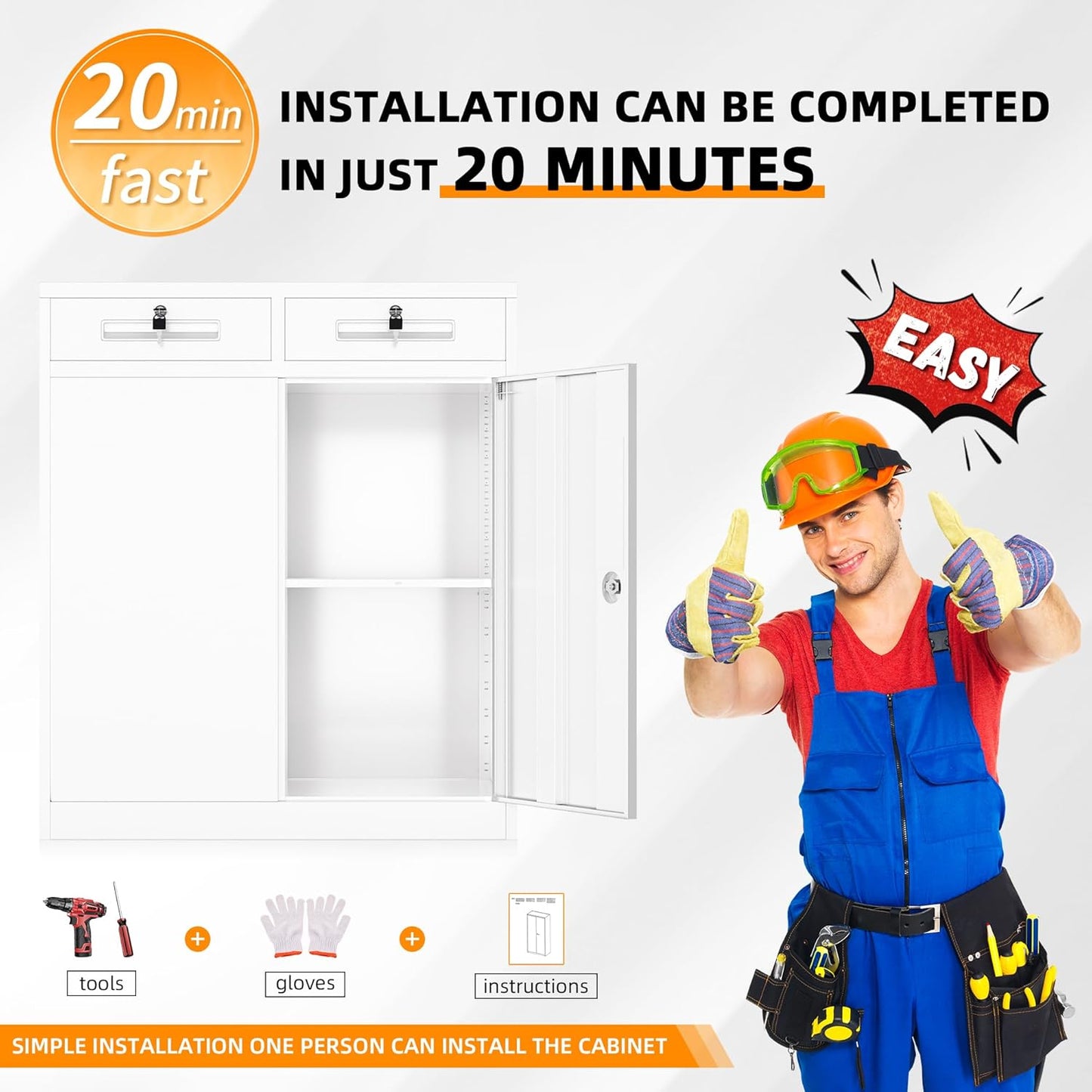 INTERGREAT Metal Cabinet with Drawers, Lockable Metal Storage Cabinets with Doors and Shelves for Garage, White Locking Garage Storage Cabinets 36"×32"×16"