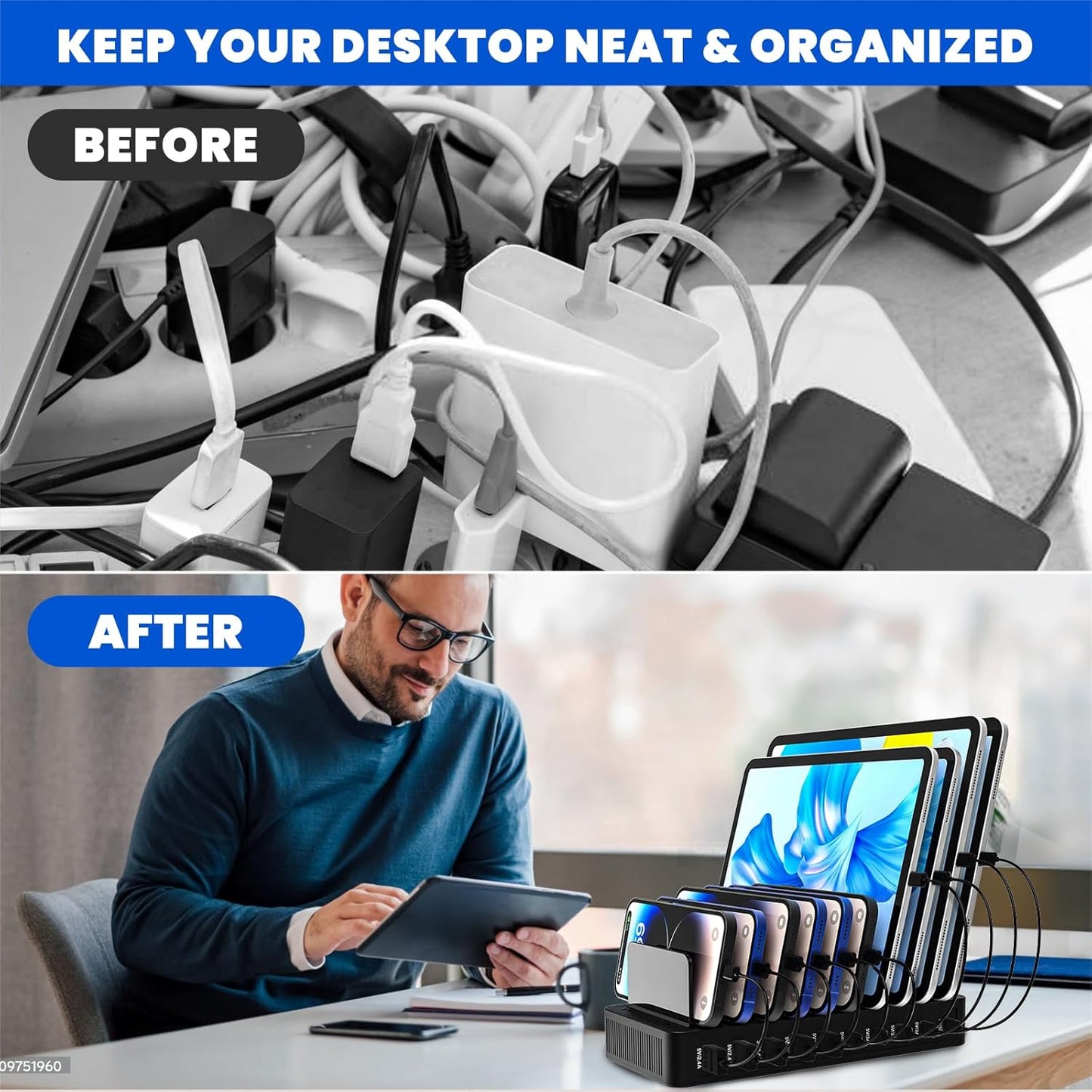 Charging Station for Multiple Devices, 100W 10 Ports Flat Plug Charging Dock with 10 Cables Smart IC Tech and Adjustable Dividers Type-C,Multi USB Charger for iPhone Galaxy iPad Tablet,Black