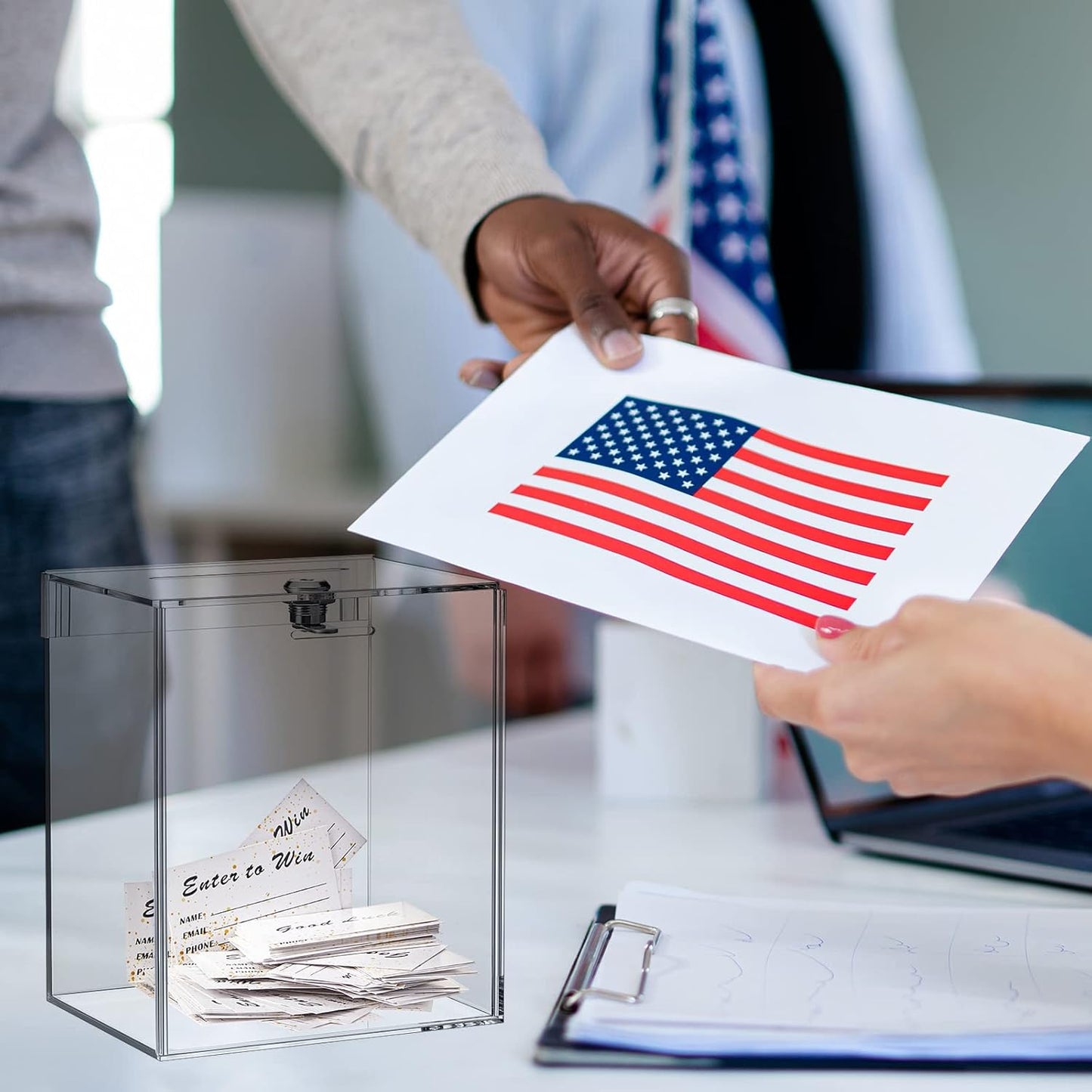 Teling Tall Acrylic Donation Box with Lock and Sign Plate Safe Suggestion Box with 100pcs Raffle Tickets Cards for Raffle, Money, Voting, Charity, Suggestion (Transparent, 6.7 x 5 x 8 Inch)