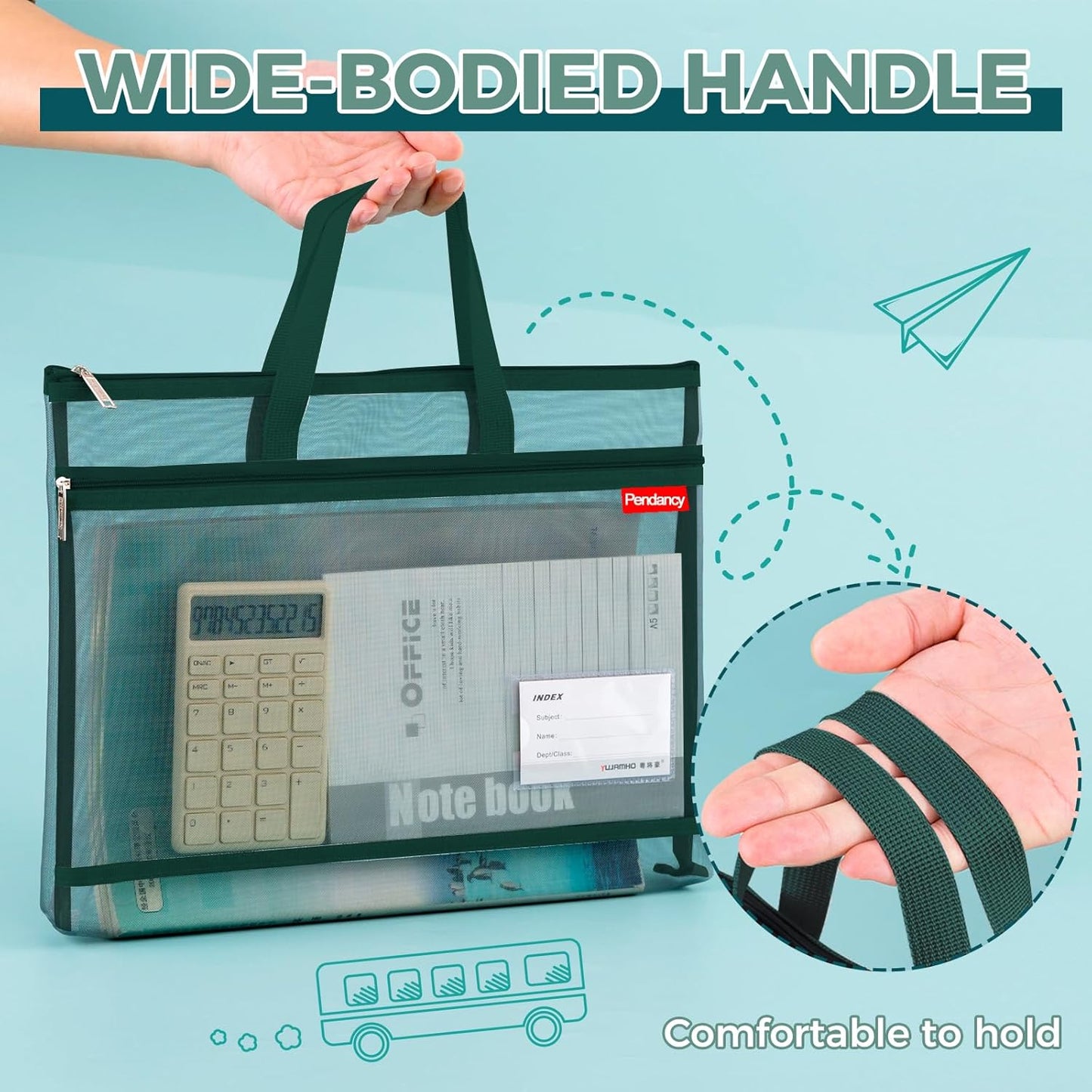 Pendancy Mesh Zipper Pouch A4 Size, Large Double Pocket Lightweight Nylon Transparent File Bag with Handle, 11x13.8 in Foldable Document Storage for Puzzle Project/Cross Stitch/Travel/Office (Green)