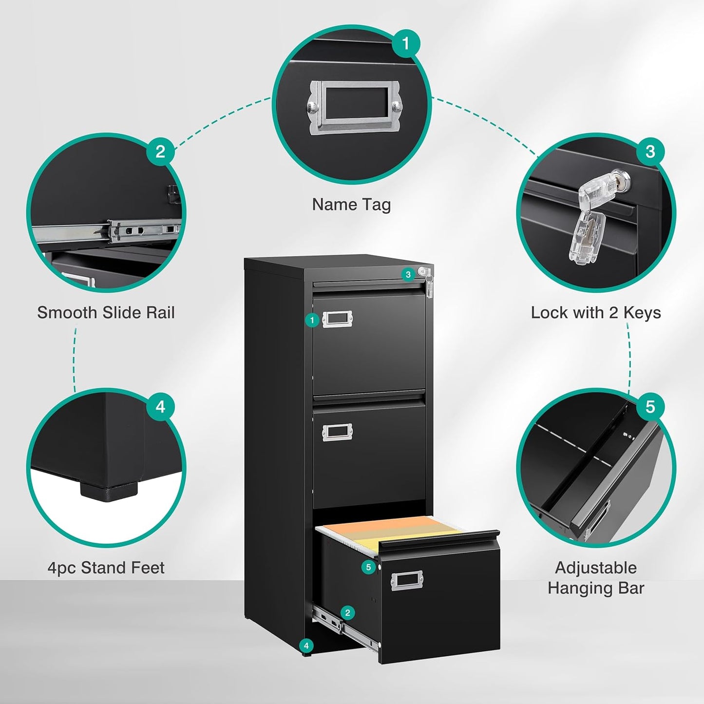 SISESOL 3 Drawer File Cabinet with Lock and Tag,Narrow Three Drawer Filing Cabinet,Vertical Metal File Cabinets,Small Black Filing Cabinets for Home Office Fit Letter/A4/Legal Size File,Easy Assembly