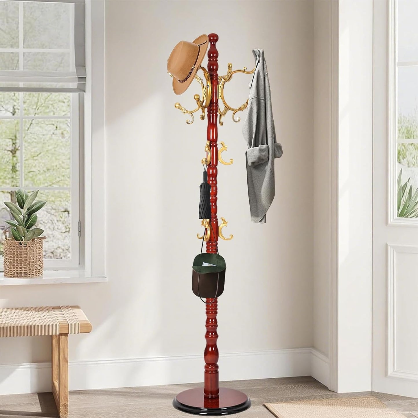 Wooden Coat Rack Freestanding with Resin Hooks, Adjustable Heavy Duty Stand for Hanging Coats, Bags, Hats, and Umbrellas in Living Room, Bedroom, Entryway (Begonia wood color)