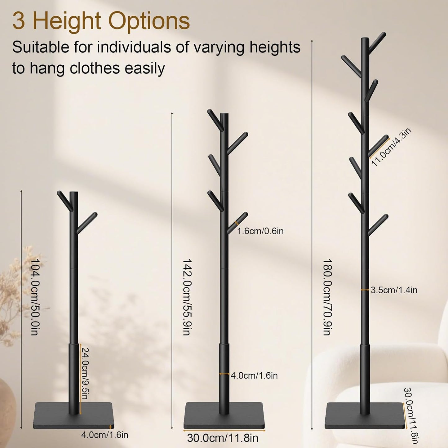 Coat Rack Freestanding with Stable Square Base for Cloathes, Hat, Used in Bedroom, Office and Entryway, Sturdy and Easy Assembly Coat Tree with 3 Adjustable Sizes and 8 Hooks, Black