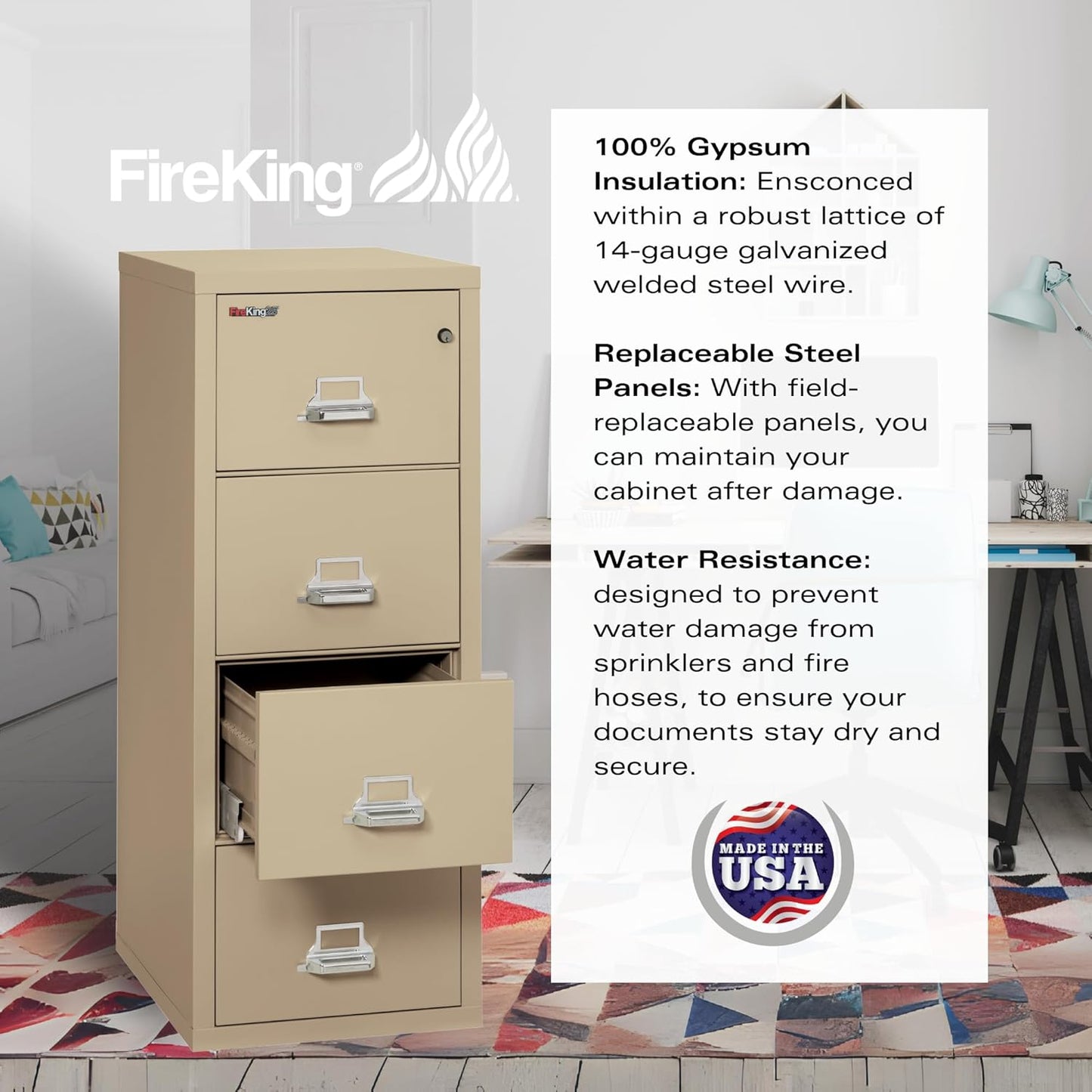FireKing Fireproof Vertical File Cabinet (4 Letter Sized Drawers, Impact Resistant, Water Resistant), 52.25" H Parchment, 18 W x 25 D, (41825CPA)