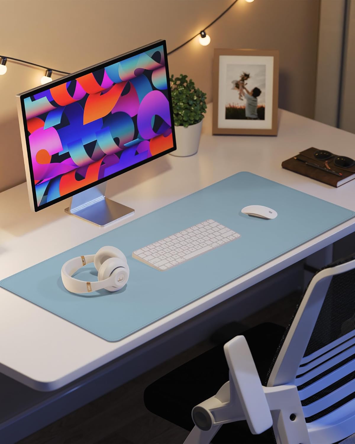 Leather Desk Pad Protector,Desk Mat,Large Mouse Pad, Non-Slip Desk Pad, Waterproof PU Leather Desk Blotter Mat, Desk Cover for Office and Home (Light Blue, 36" x 17")