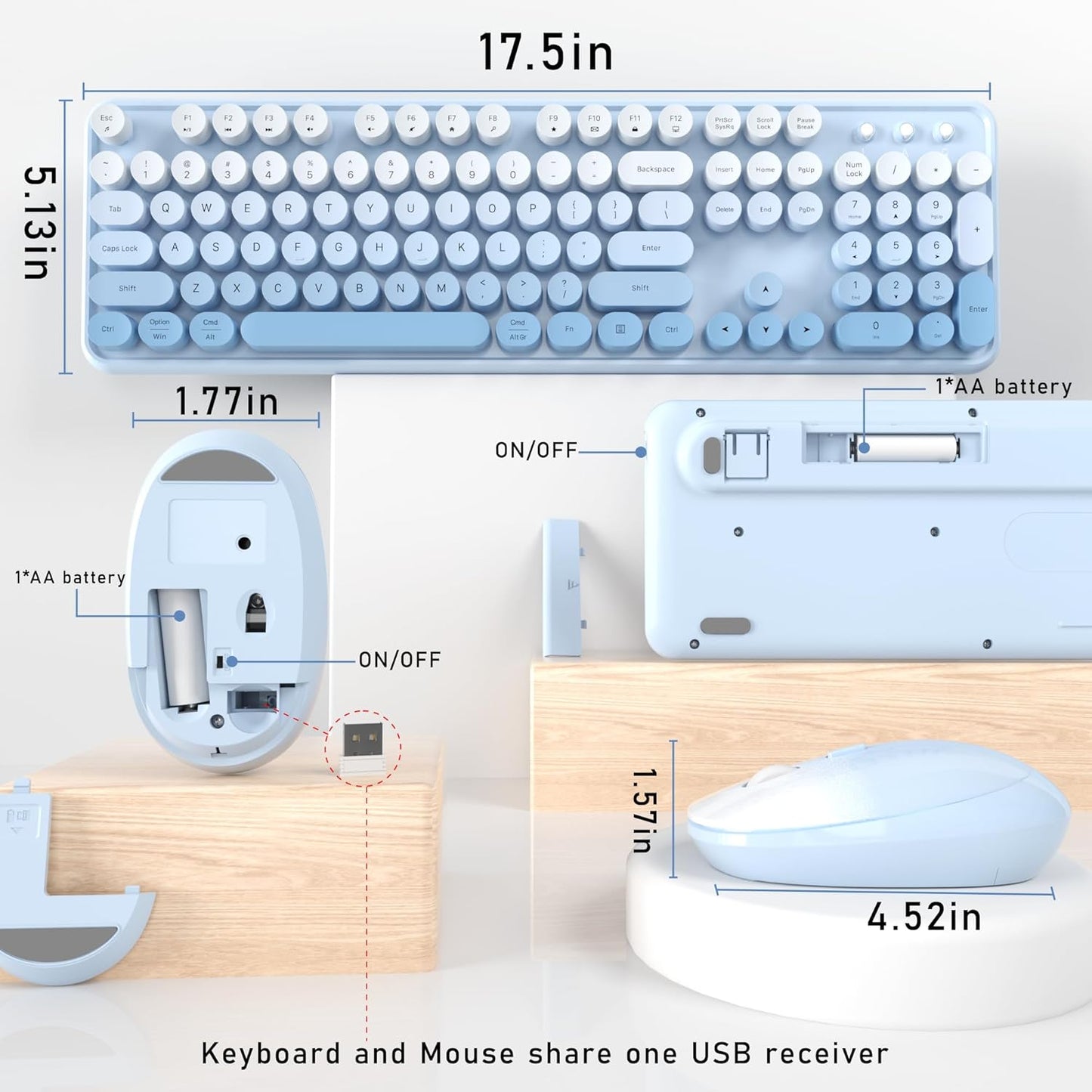 Wireless Keyboard and Mouse, Full-Size Retro Typewriter Keyboard with Round Keycaps, 2.4GHz for Windows, Mac, Laptop, PC, Desktop (Blue Gradient)
