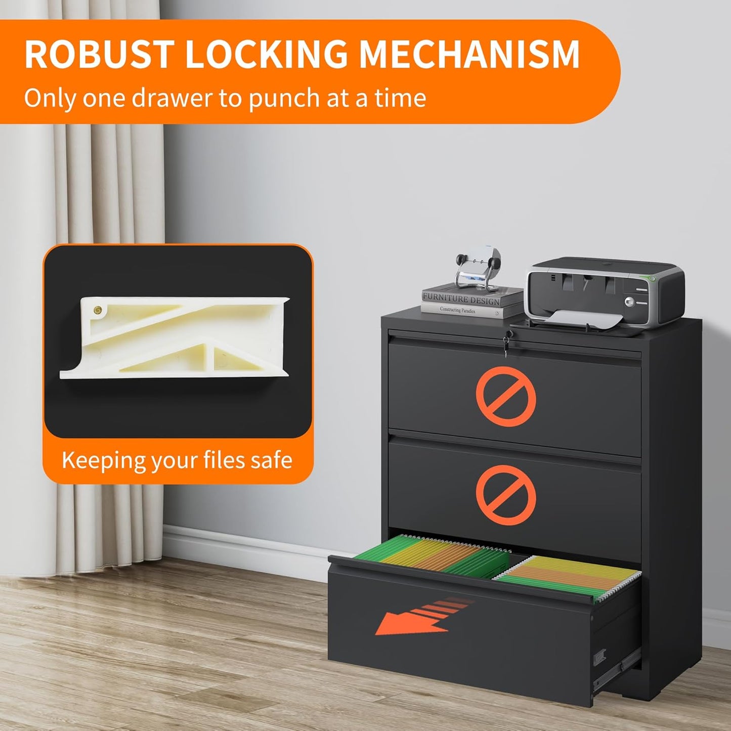 Locking Filing Cabinet with 3 Drawer Heavy Duty Large Metal File Cabinet Home Office Black Lateral File Cabinets Wide Steel Cabinet for Legal/Letter Size File,Assembly Required