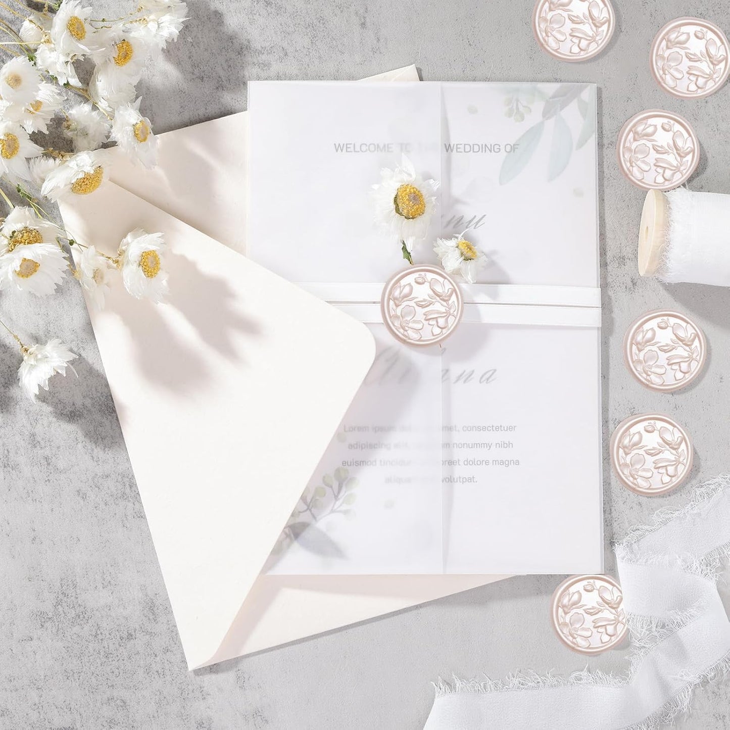 UNIQOOO Wax Seal Stickers - 3D Magnolia Wedding Invitation Envelope Botanical Seal Sticker, 50 Pcs Self- Adhesive Champagne Stickers, Perfect for Invitation, Christmas, Gift Wrapping, Party