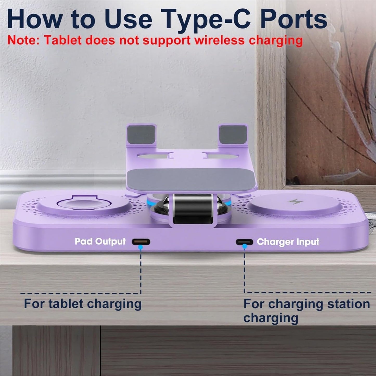 30W Charging Station for Apple Products, Foldable Wireless Charger with Clock Display&7 Color Light, Wired Charging for iPad/Tablet Charging Station for iPhone17, for Apple Watch10 for AirPods4(Purple