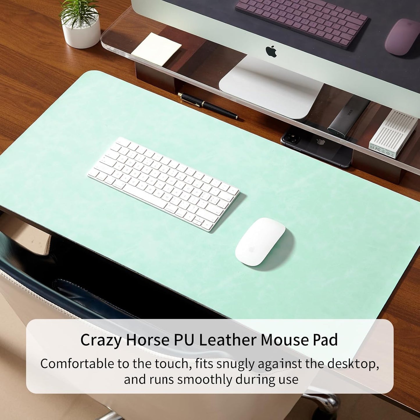 Crazy Horse Leather Desk Mat Large Mouse Pad Laptop Desk Pad Waterproof Non-Slip Table Blotter Desktop Writing Pad for Office and Home (Light Green, 90x43cm)